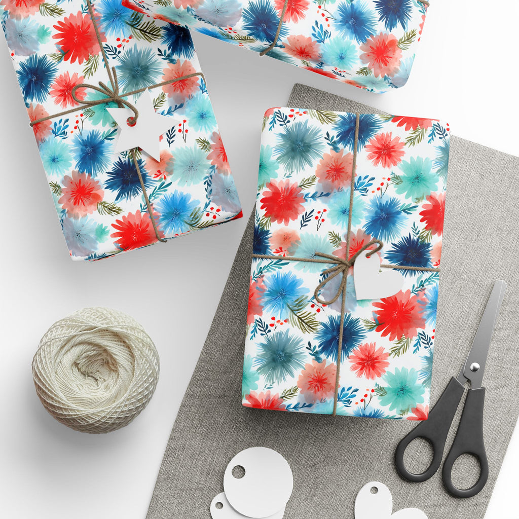 Wrapping Paper — Watercolor Floral Holiday Pattern (Red, Teal, Pine Sprigs)
