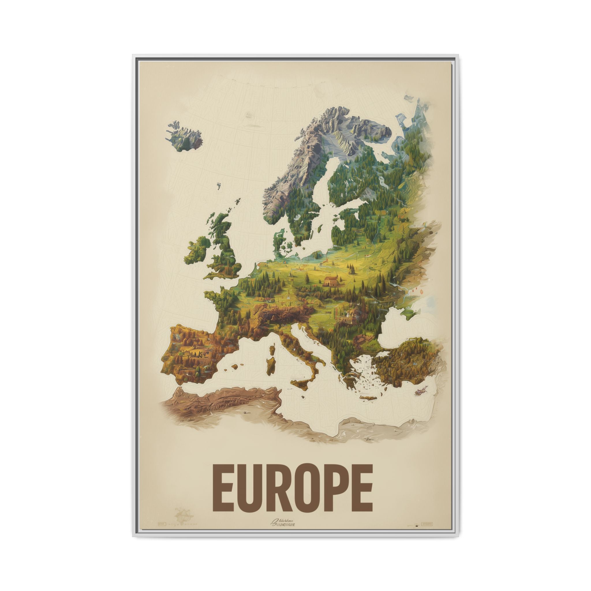 Framed Europe Map Canvas Print — Vintage Landscape Style Wall Art