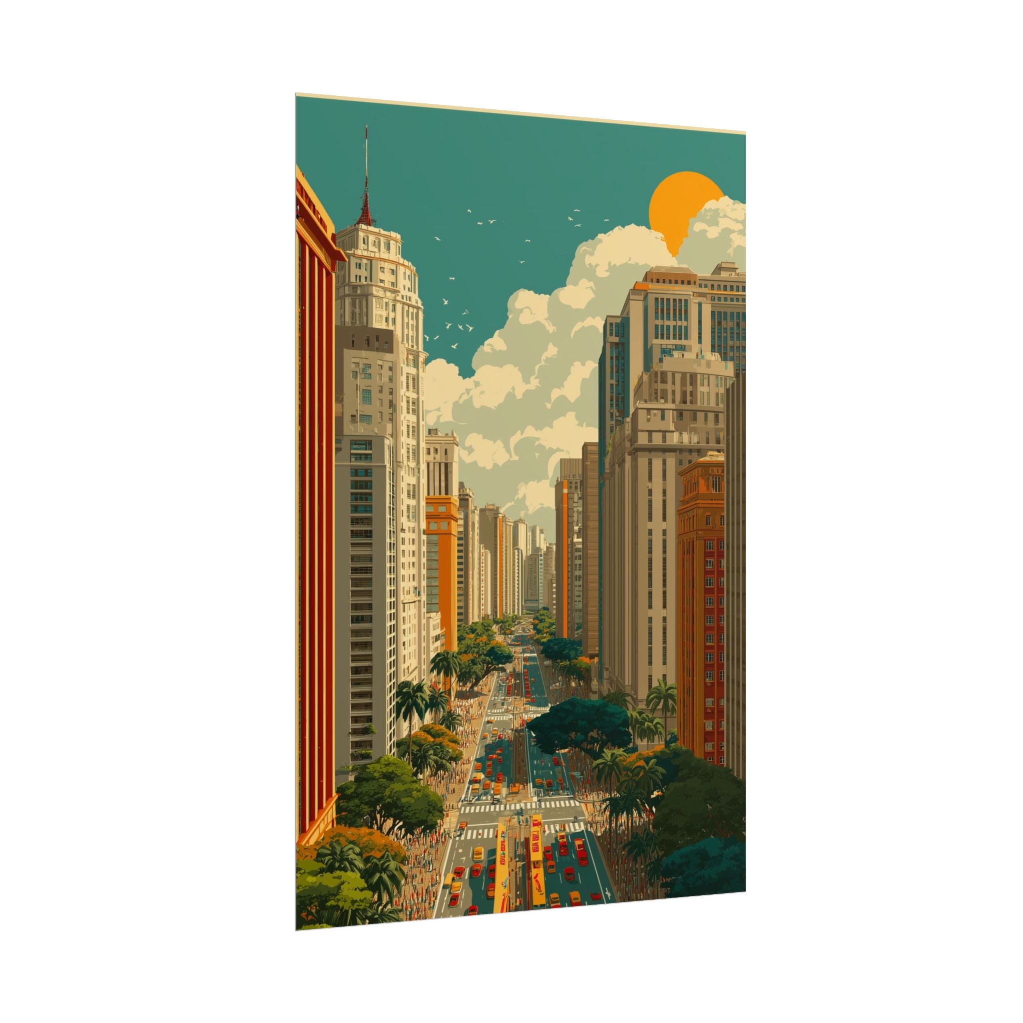 Urban Vibrancy: Retro Sao Paulo Skyline, Mid-Century Modern Cityscape   |    Custom Orders Available