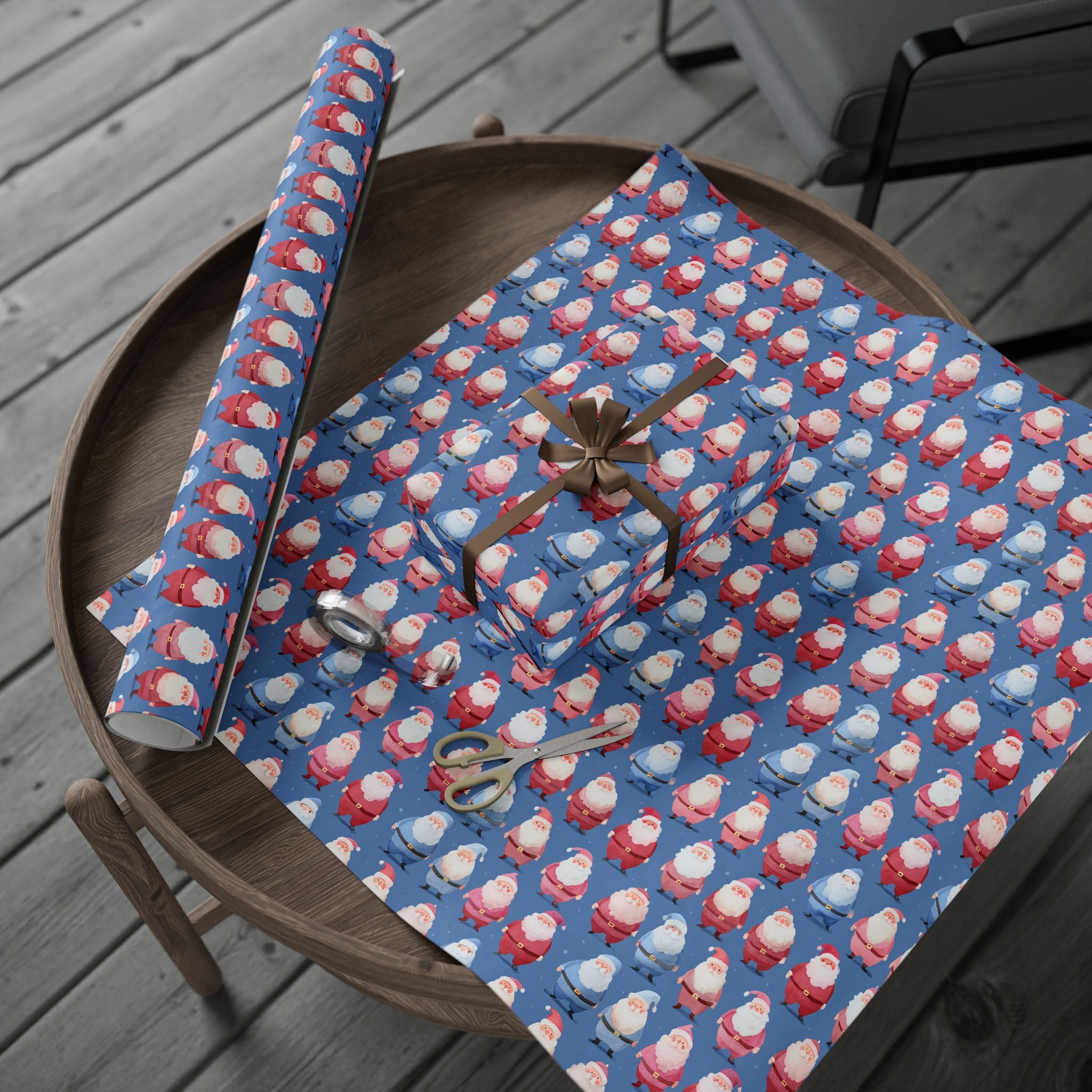 Santa Pattern Wrapping Paper Roll — Festive Blue Christmas Gift Wrap