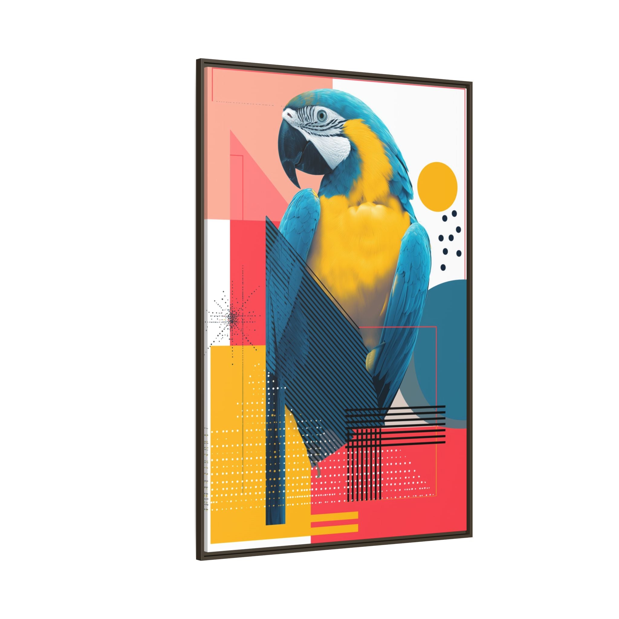 Prismatic Parrot Framed Print: Blue and Yellow Macaw in Geometric Space, Digital Art Composition   |  Personalized & Custom Orders Available