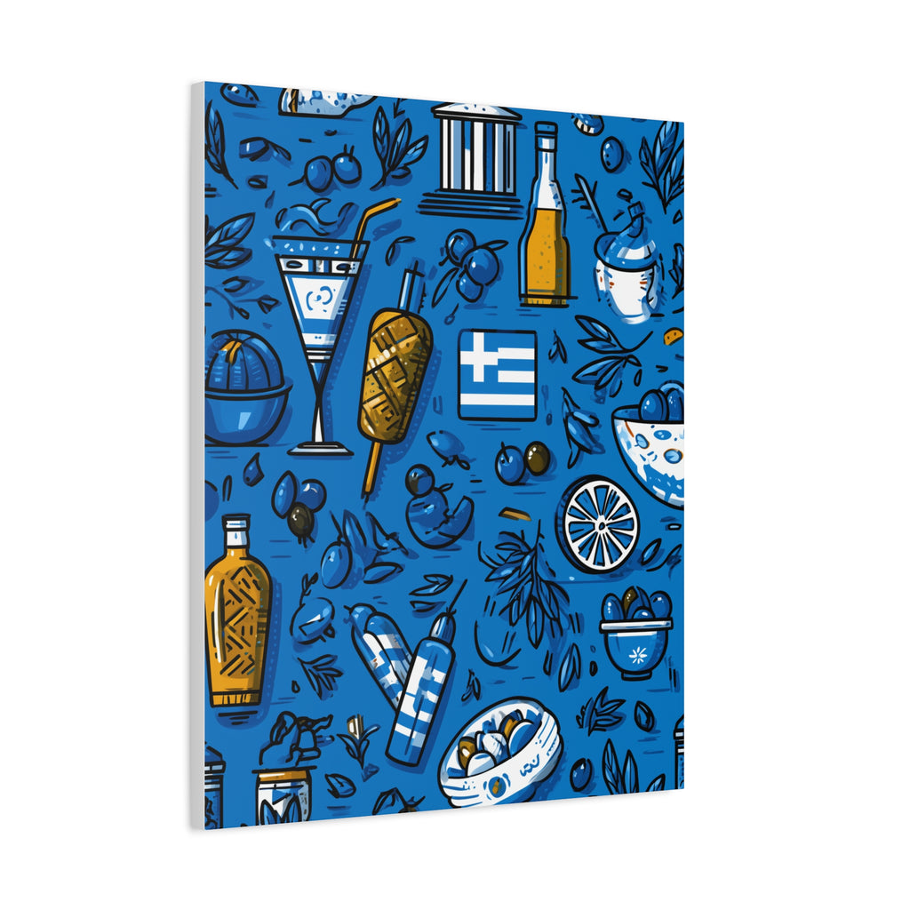 Vibrant Canvas Wall Art, Blue Mediterranean Theme, Kitchen Decor, Greek Party Decor, Olive and Drink Motif