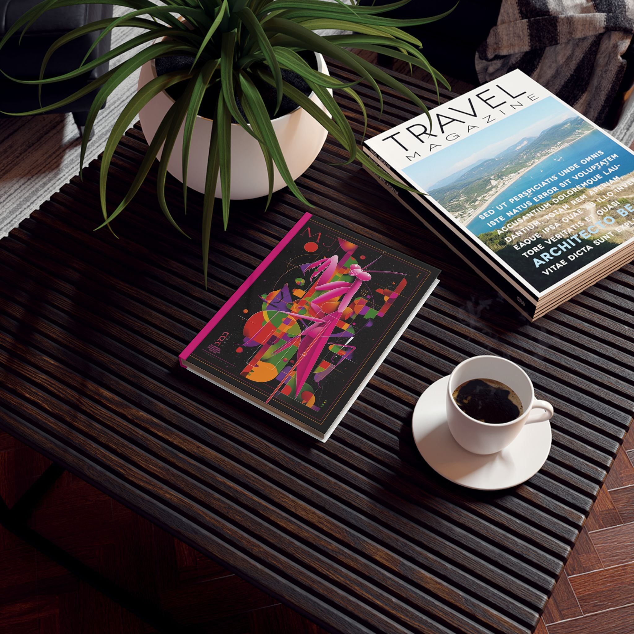 Pink Geometric Praying Mantis Journal, Personalized Notebook, Colorful Abstract Diary, Custom Sketchbook, Unique Hardcover Planner