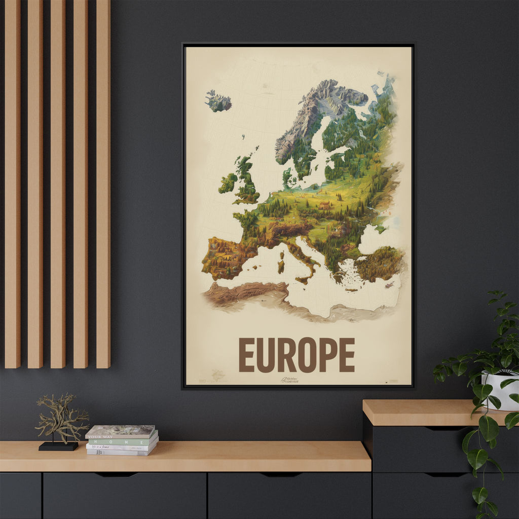 Framed Europe Map Canvas Print — Vintage Landscape Style Wall Art