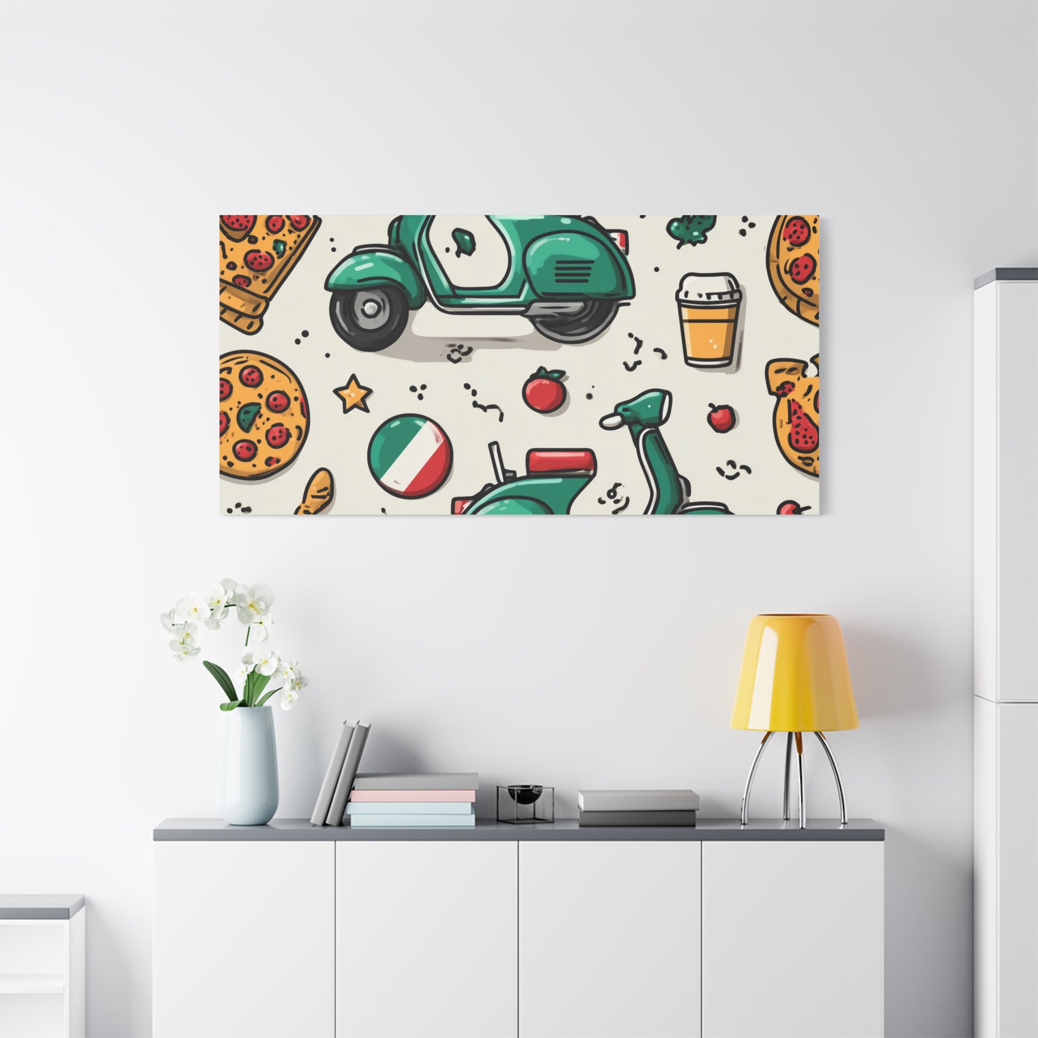 Vibrant Travel Nostalgia Canvas Art, Scooter Decor, Foodie Wall Art, Fun Home Decor, Gift for Adventurers, Kitchen Wall Hanging