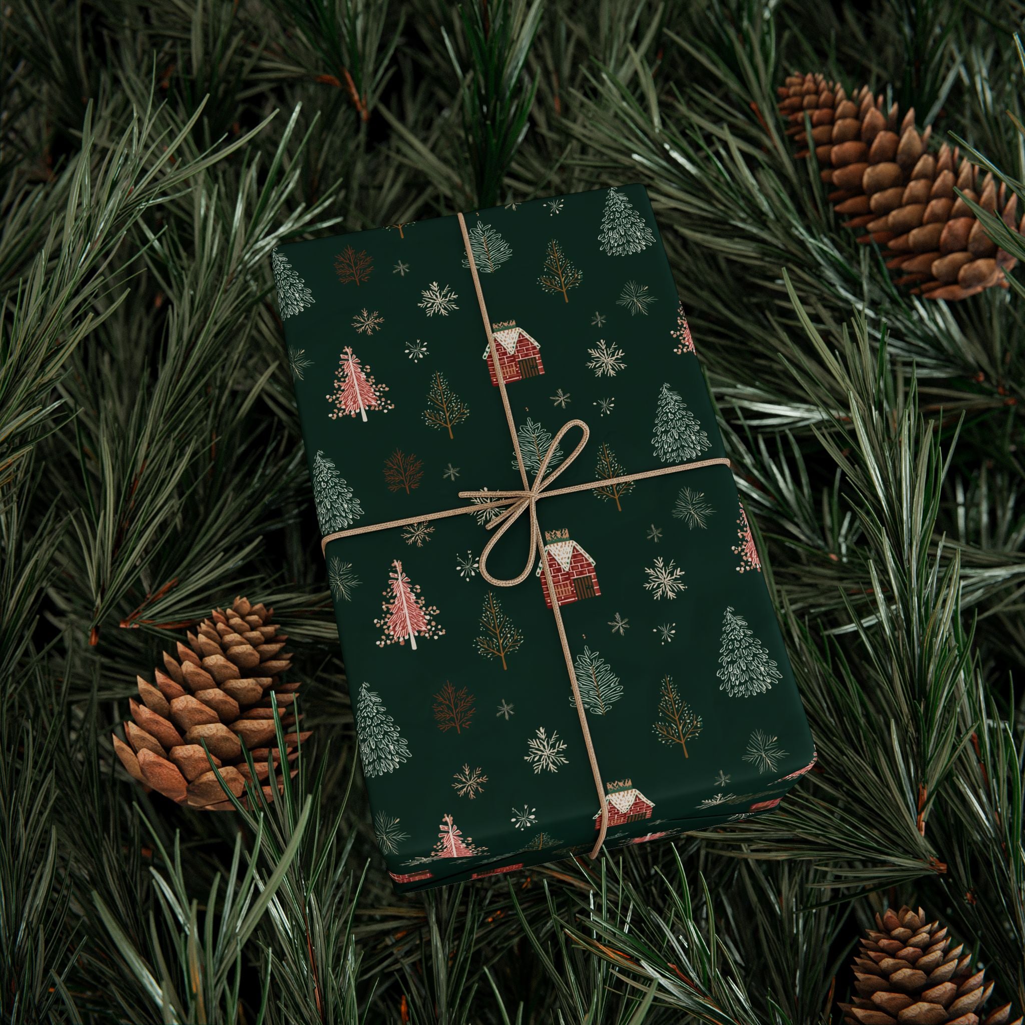 Christmas Tree Pattern Wrapping Paper — Dark Green Holiday Gift Wrap