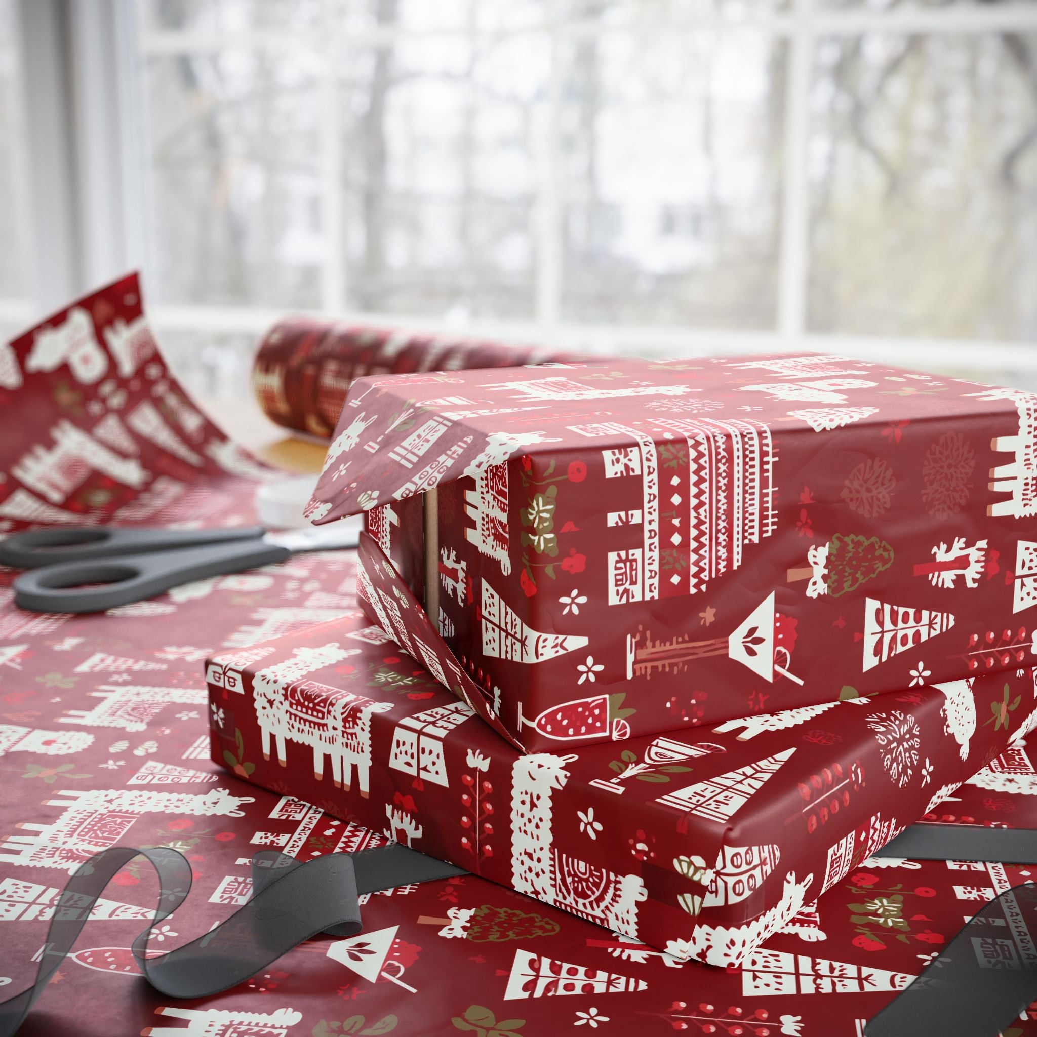 Christmas Wrapping Paper Roll — Red Nordic Reindeer & Tree Holiday Print