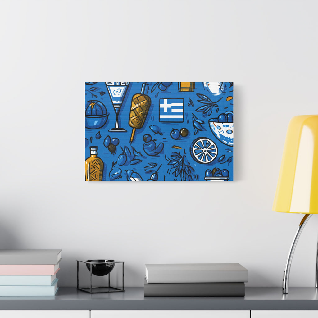 Vibrant Canvas Wall Art, Blue Mediterranean Theme, Kitchen Decor, Greek Party Decor, Olive and Drink Motif