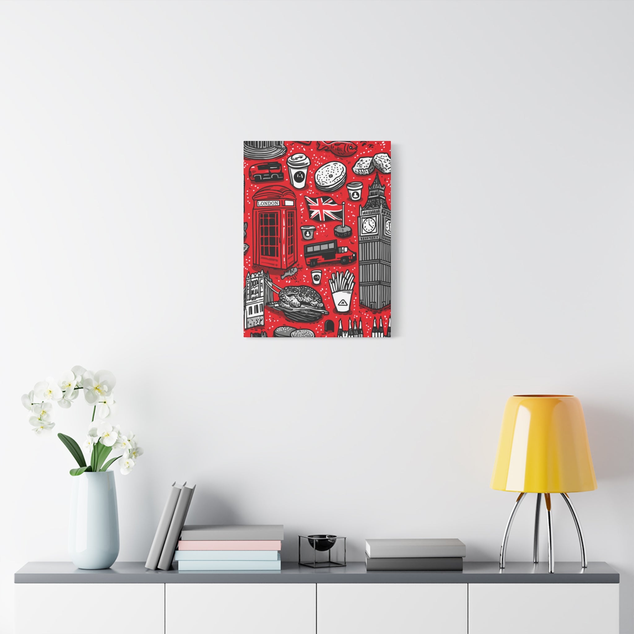 London-Themed Canvas Art, Wall Decor, Home Office Artwork, UK Travel Gift, British Culture Decor, Red and Black Design
