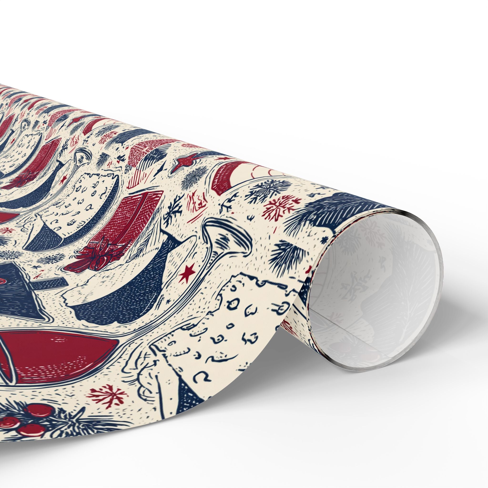 Festive Red & Navy French Christmas Tree Wrapping Paper — Holiday Gift Wrap Roll