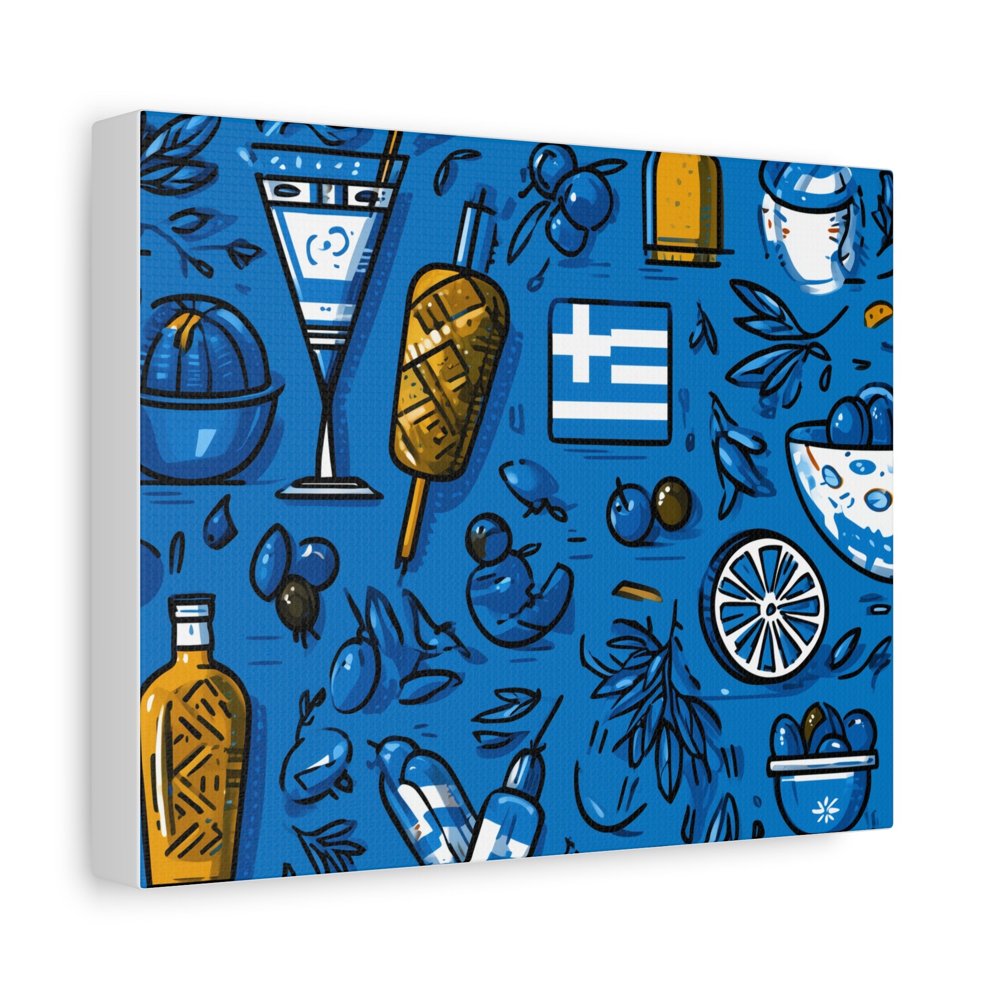 Vibrant Canvas Wall Art, Blue Mediterranean Theme, Kitchen Decor, Greek Party Decor, Olive and Drink Motif