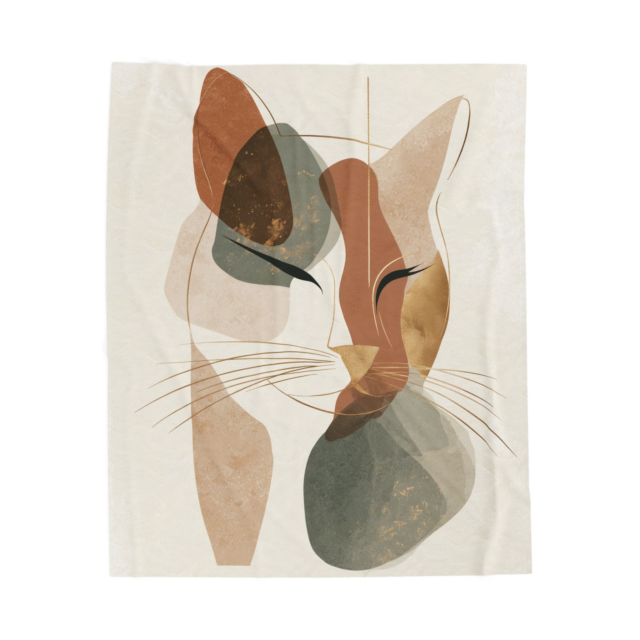 Abstract Earthen Toned Cat Velveteen Plush Blanket, Soft Fleece Throw, Cozy Bedding Set, Abstract Earthen Toned Cat Duvet Cover