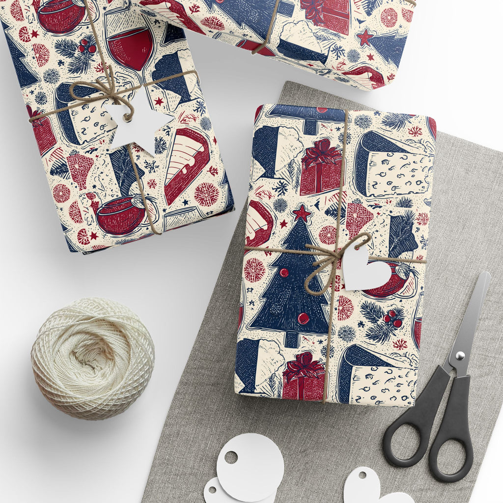 Festive Red & Navy French Christmas Tree Wrapping Paper — Holiday Gift Wrap Roll
