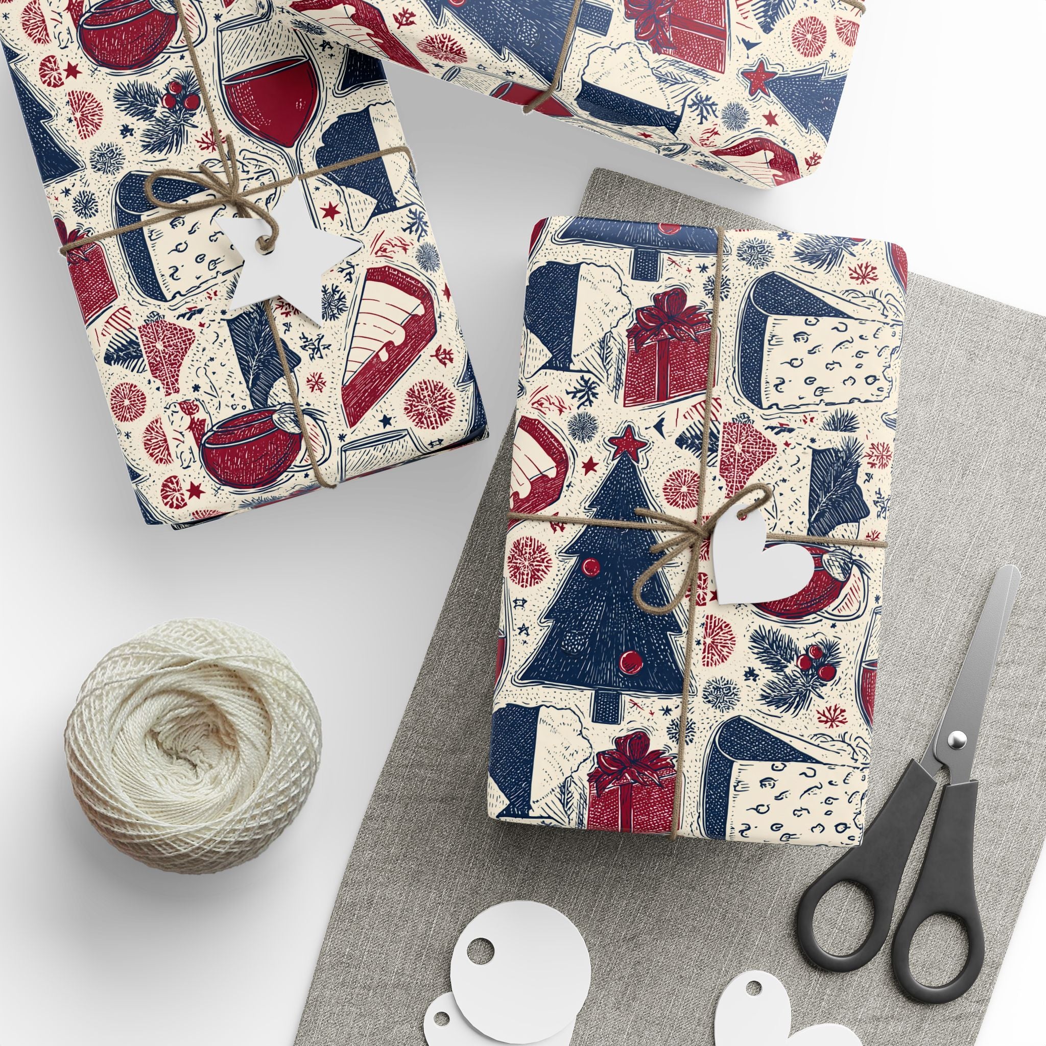 Festive Red & Navy French Christmas Tree Wrapping Paper — Holiday Gift Wrap Roll