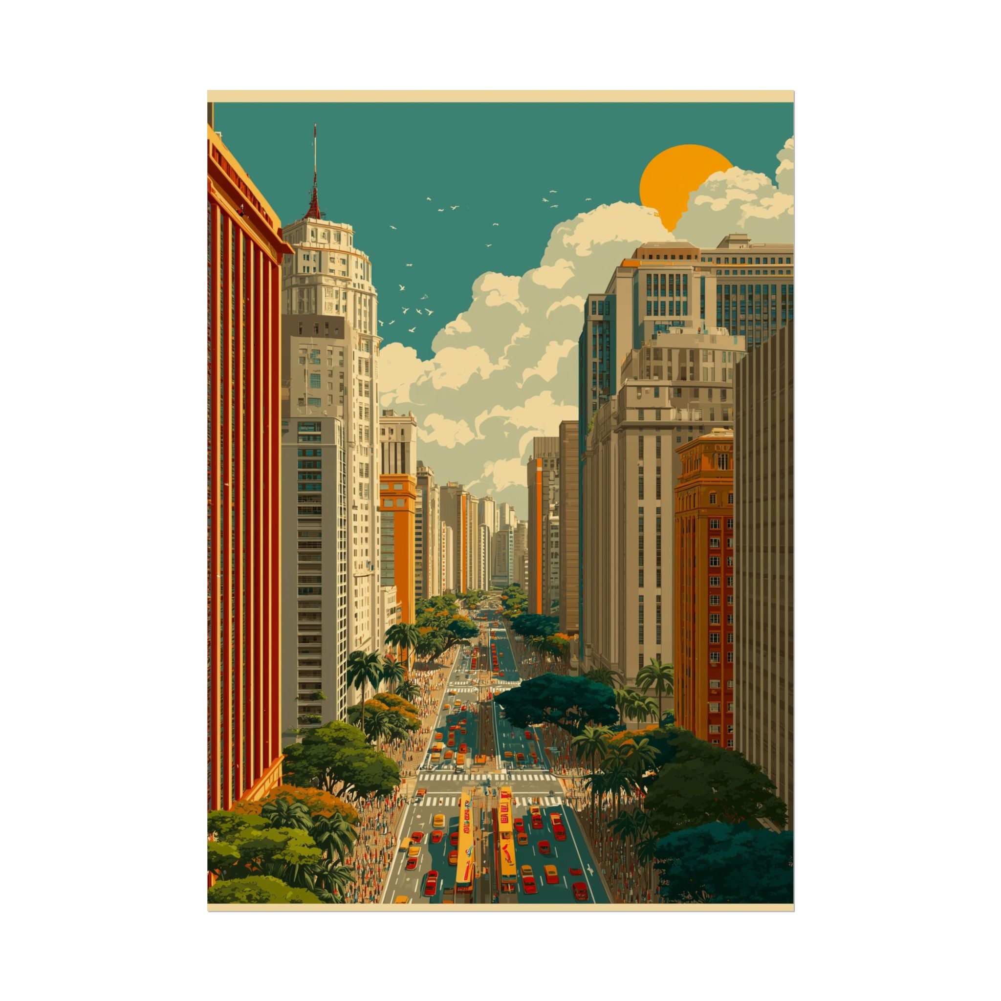 Urban Vibrancy: Retro Sao Paulo Skyline, Mid-Century Modern Cityscape   |    Custom Orders Available