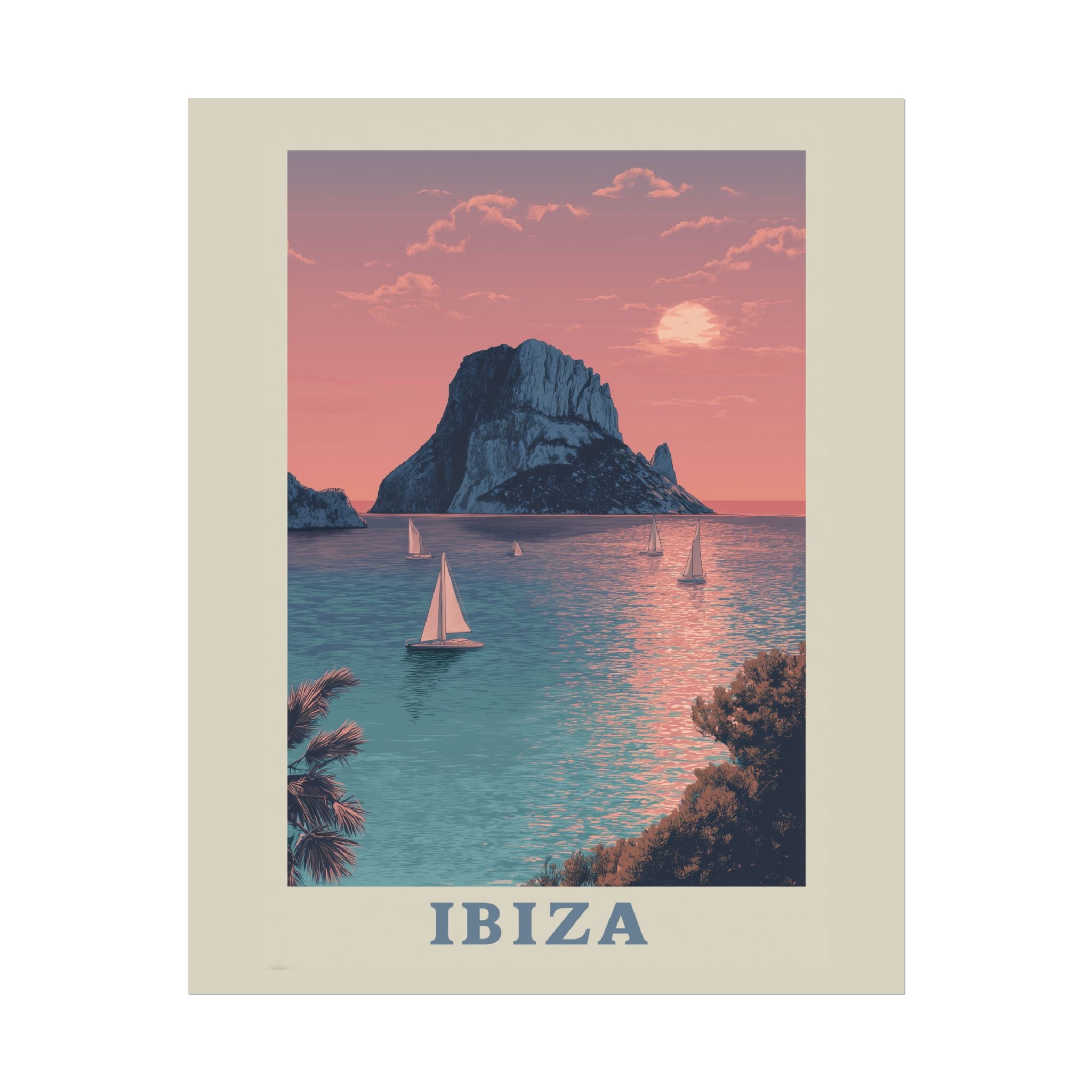 Ibiza Sunset Serenade: Vintage Travel Poster, Mediterranean Coastal Landscape   |    Custom Orders Available