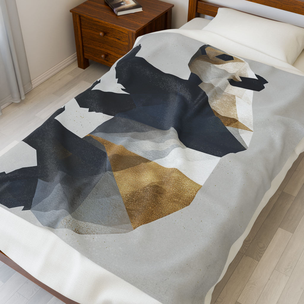 Velveteen Plush Geometric Panda Blanket: , Modern Minimalist Design, Gold and Monochrome Illustration   |  Personalized & Custom Order