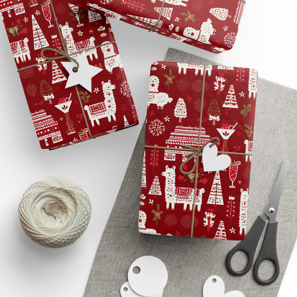 Christmas Wrapping Paper Roll — Red Nordic Reindeer & Tree Holiday Print