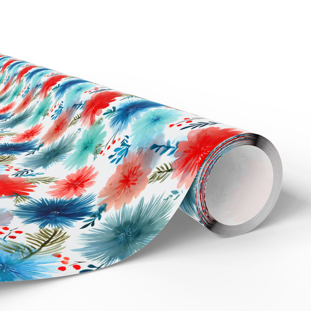 Wrapping Paper — Watercolor Floral Holiday Pattern (Red, Teal, Pine Sprigs)