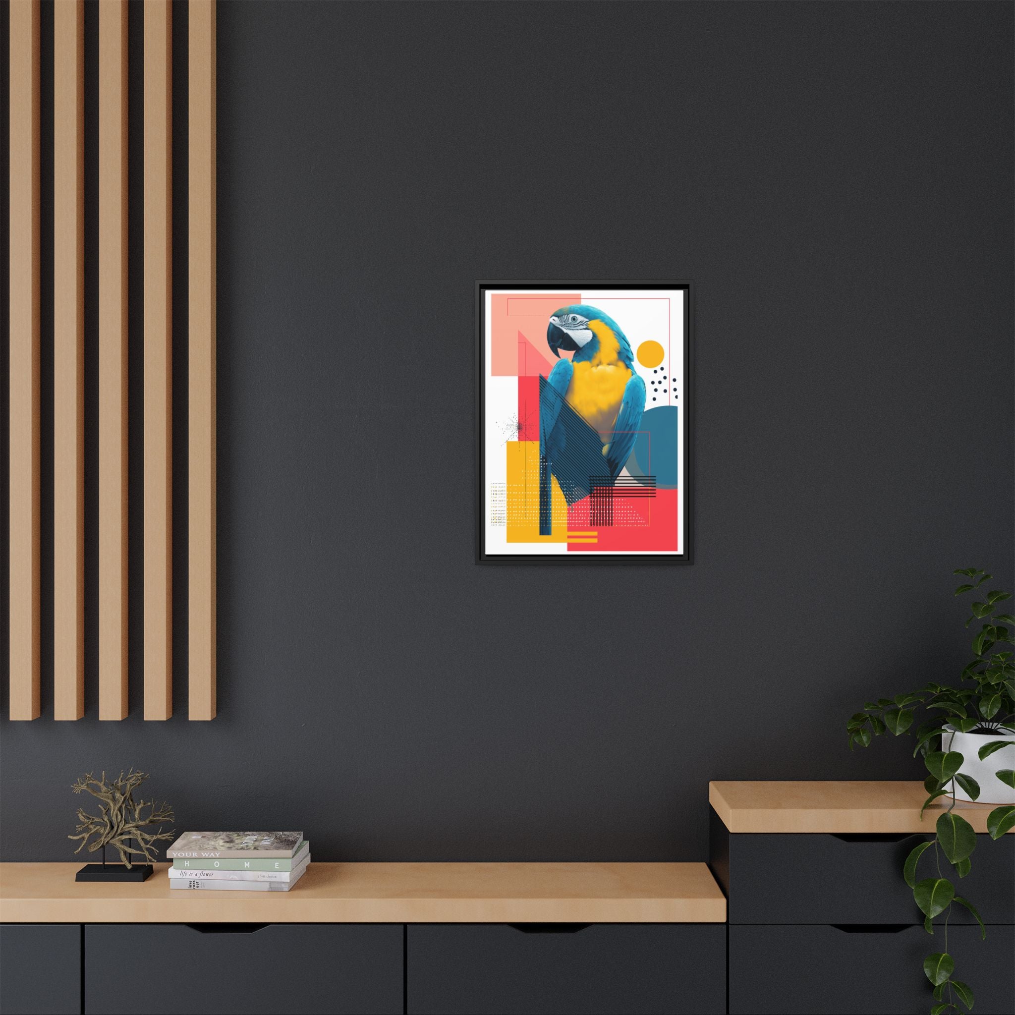 Prismatic Parrot Framed Print: Blue and Yellow Macaw in Geometric Space, Digital Art Composition   |  Personalized & Custom Orders Available