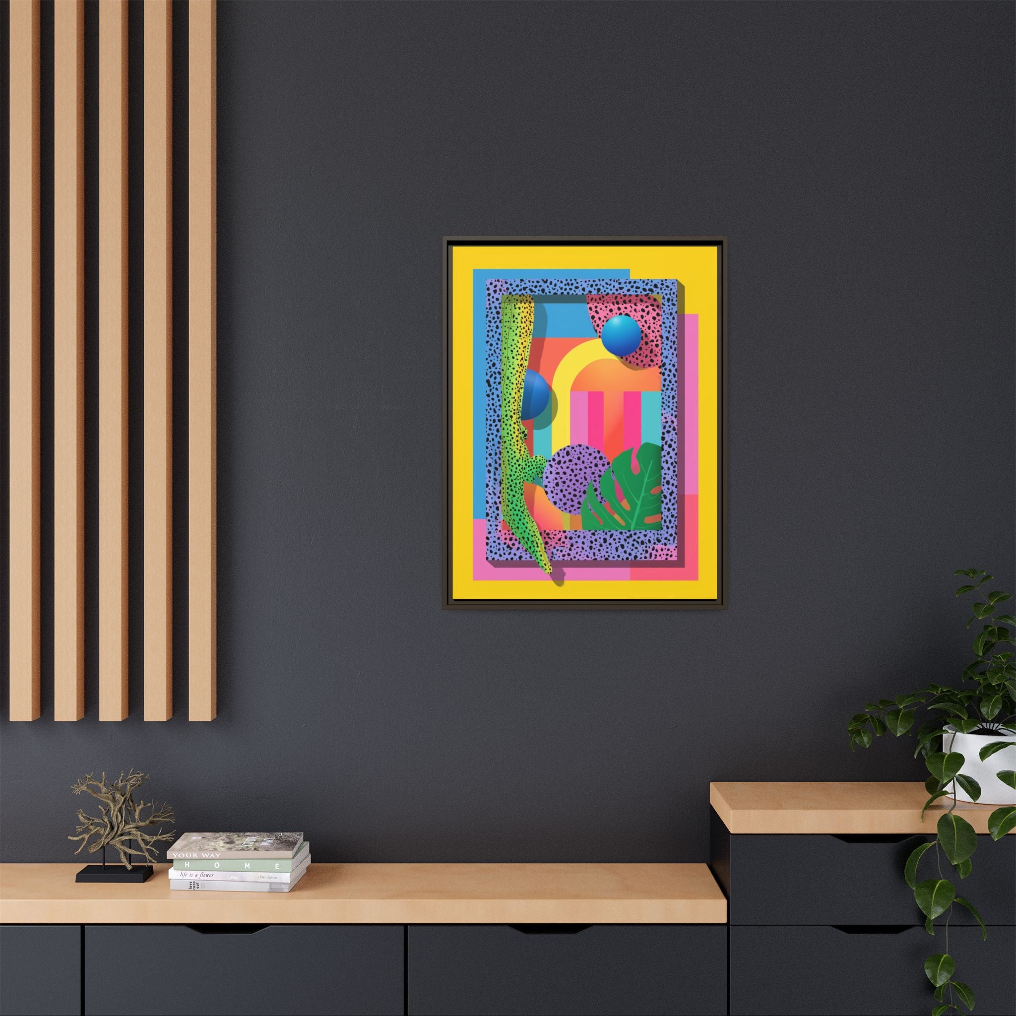 Geometric Rhythms: Abstract Layers of Color, Dimensional Shapes and Tropical Elements, Vibrant Modern Art Composition   |   Custom Orders