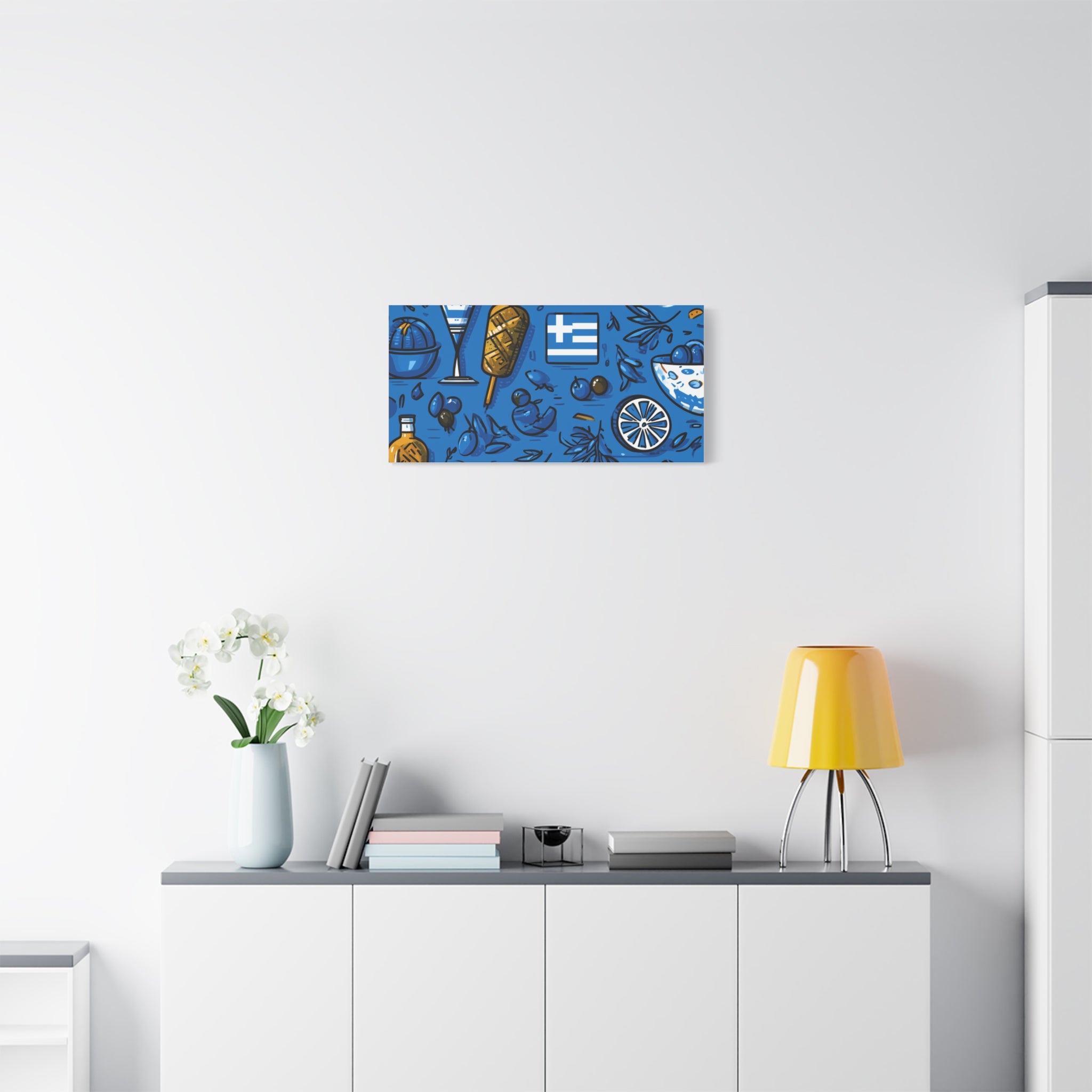 Vibrant Canvas Wall Art, Blue Mediterranean Theme, Kitchen Decor, Greek Party Decor, Olive and Drink Motif