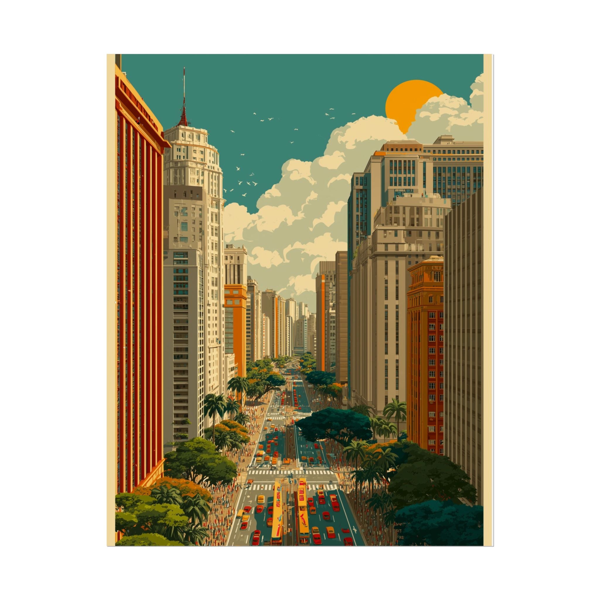 Urban Vibrancy: Retro Sao Paulo Skyline, Mid-Century Modern Cityscape   |    Custom Orders Available