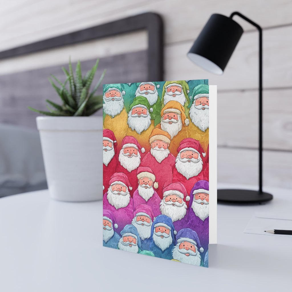 Christmas Santa Pattern Greeting Card — Colorful Watercolor Santas Holiday Card