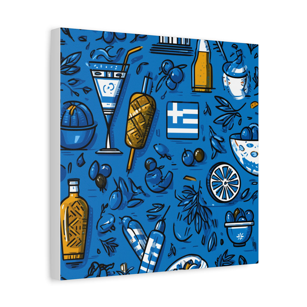 Vibrant Canvas Wall Art, Blue Mediterranean Theme, Kitchen Decor, Greek Party Decor, Olive and Drink Motif
