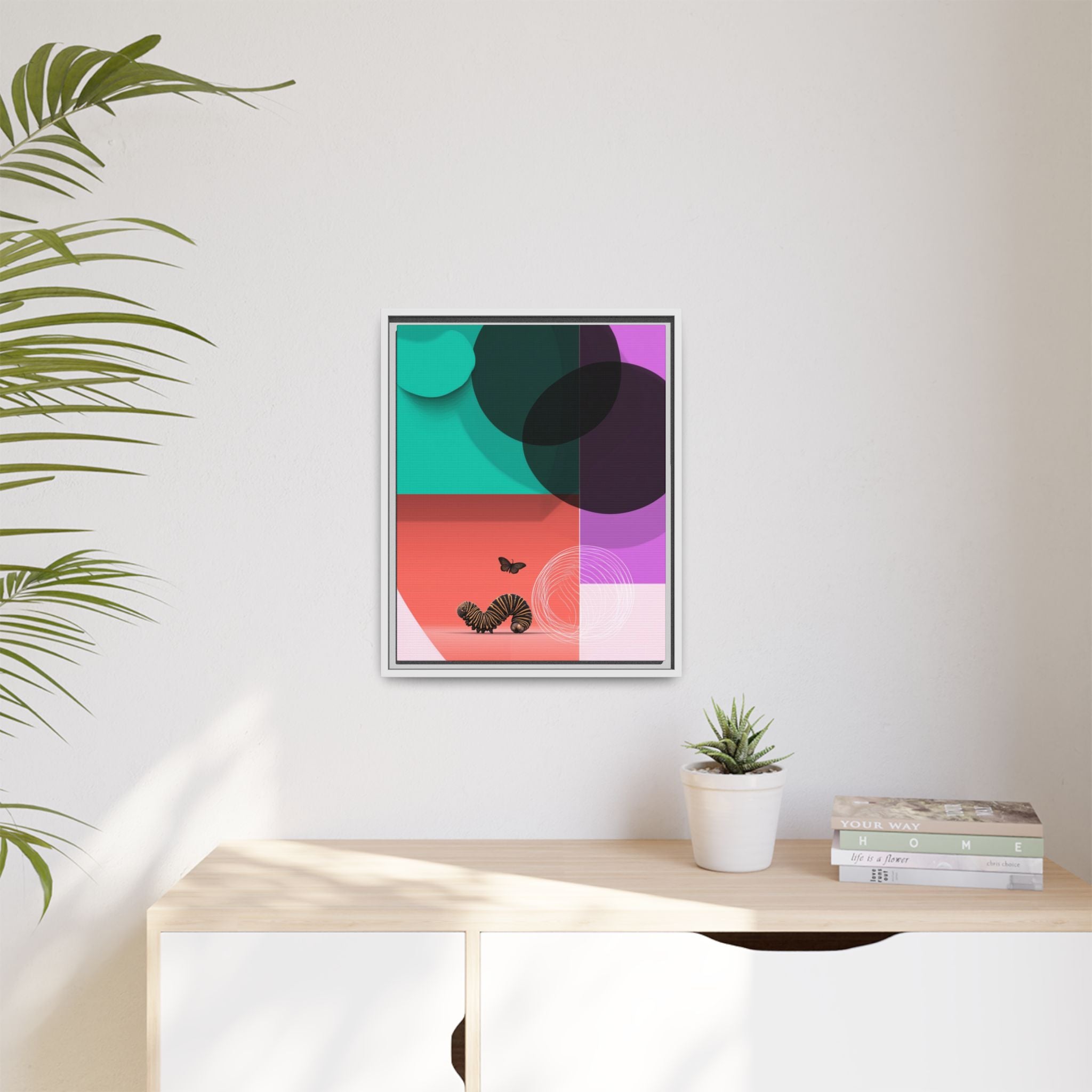 Striped Caterpillar and Butterfly Framed Print , Mid-Century Modern Color Blocks   |  Personalized & Custom Orders Available