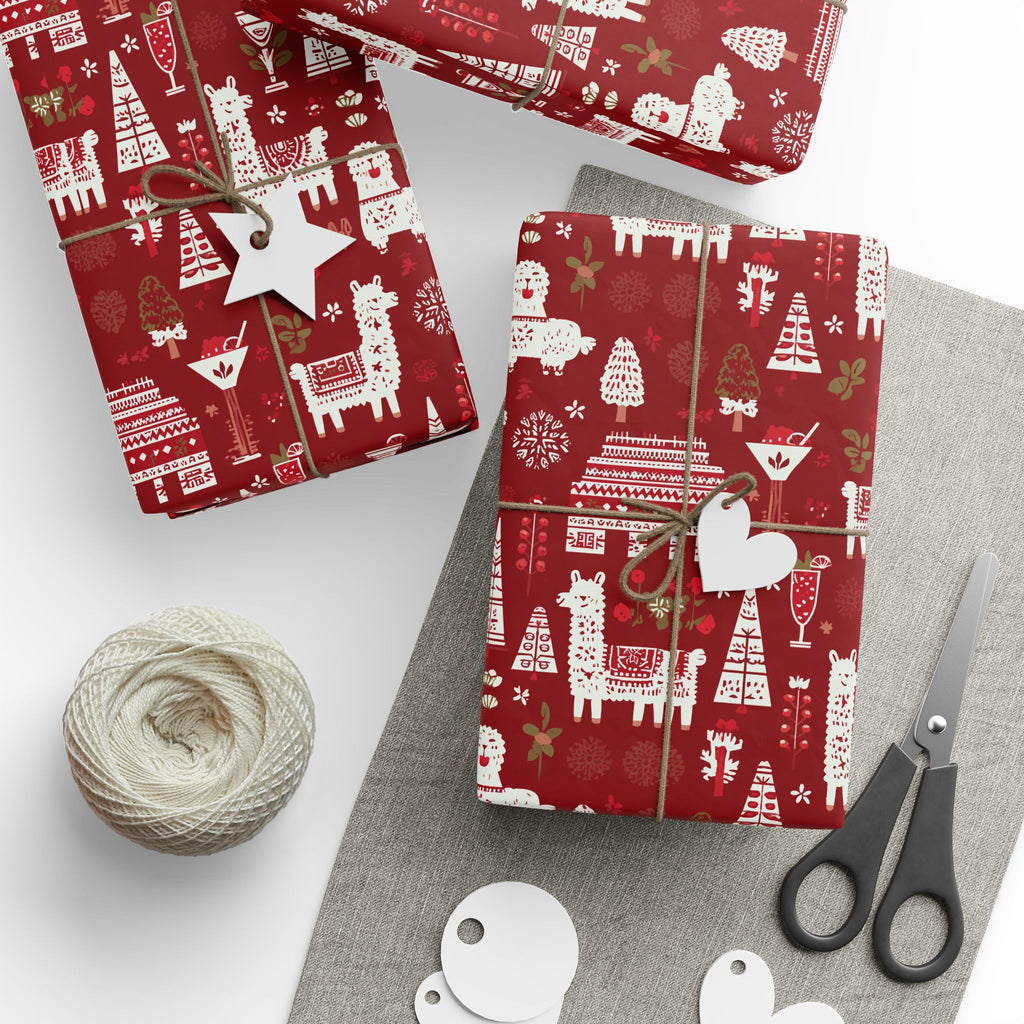 Christmas Wrapping Paper Roll — Red Nordic Reindeer & Tree Holiday Print
