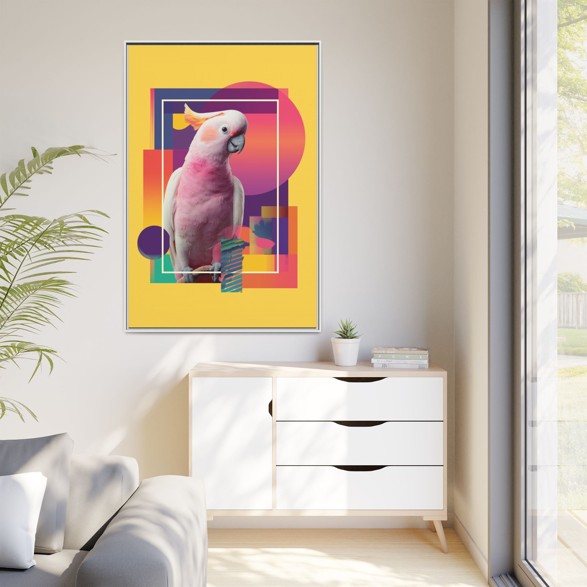 Geometric Cockatoo Composition: Moluccan Parrot Portrait, Modern Abstract Design   |    Custom Orders Available