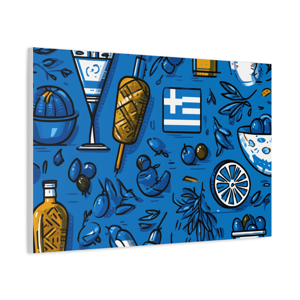 Vibrant Canvas Wall Art, Blue Mediterranean Theme, Kitchen Decor, Greek Party Decor, Olive and Drink Motif
