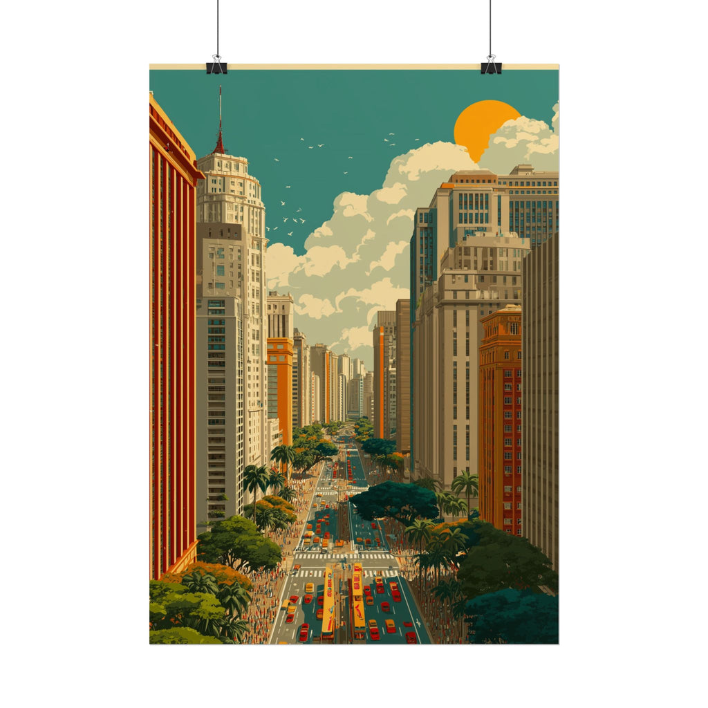 Urban Vibrancy: Retro Sao Paulo Skyline, Mid-Century Modern Cityscape   |    Custom Orders Available