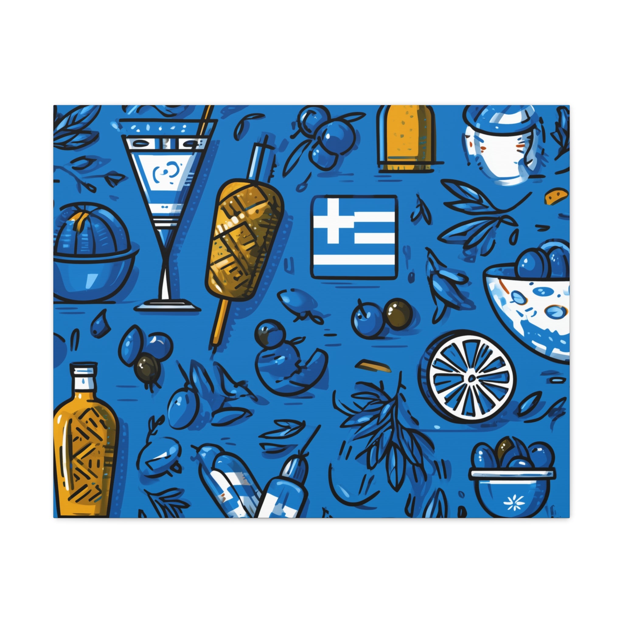 Vibrant Canvas Wall Art, Blue Mediterranean Theme, Kitchen Decor, Greek Party Decor, Olive and Drink Motif