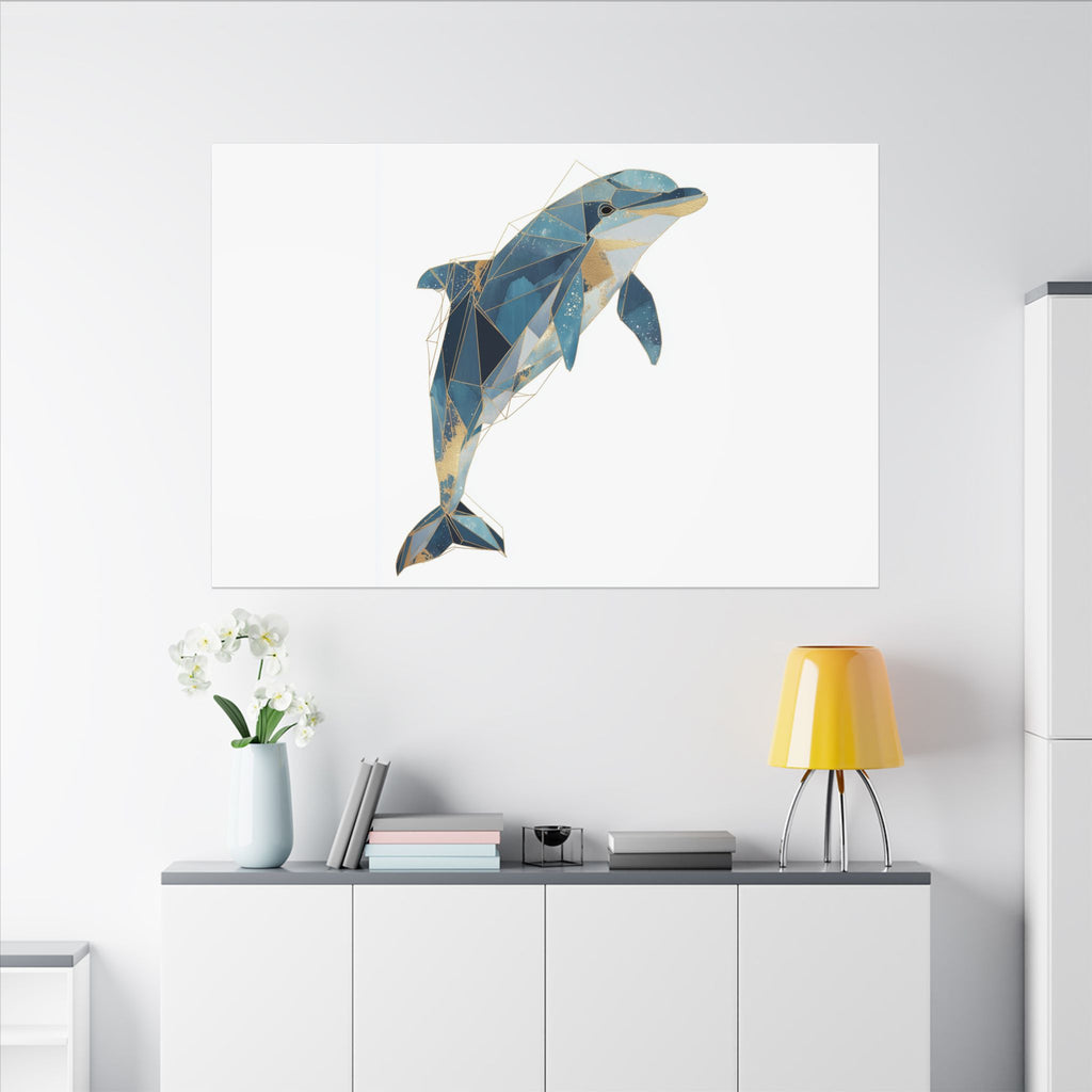 Celestial Dolphin: Geometric Marine Art, Low-Poly Oceanic Design, Blue and Gold Abstraction   |  Personalized & Custom Orders Available