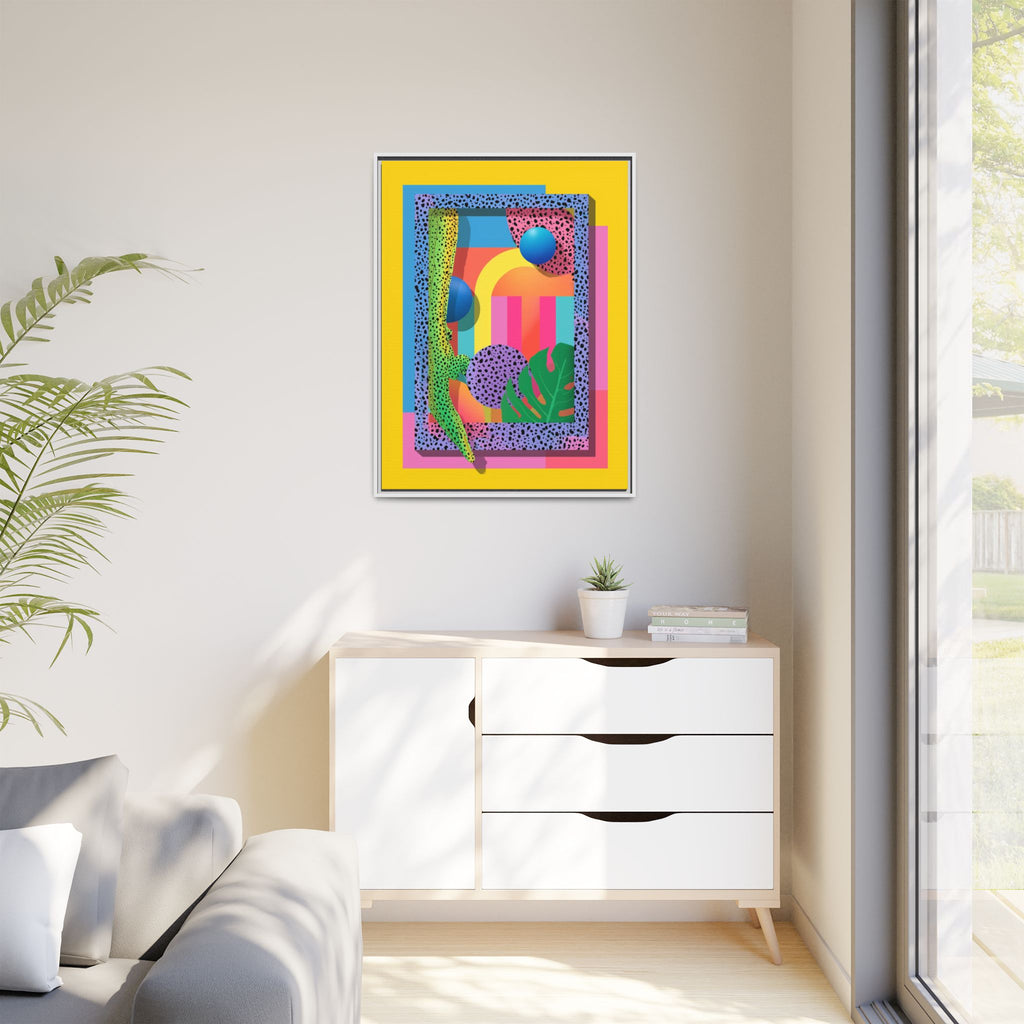 Geometric Rhythms: Abstract Layers of Color, Dimensional Shapes and Tropical Elements, Vibrant Modern Art Composition   |   Custom Orders