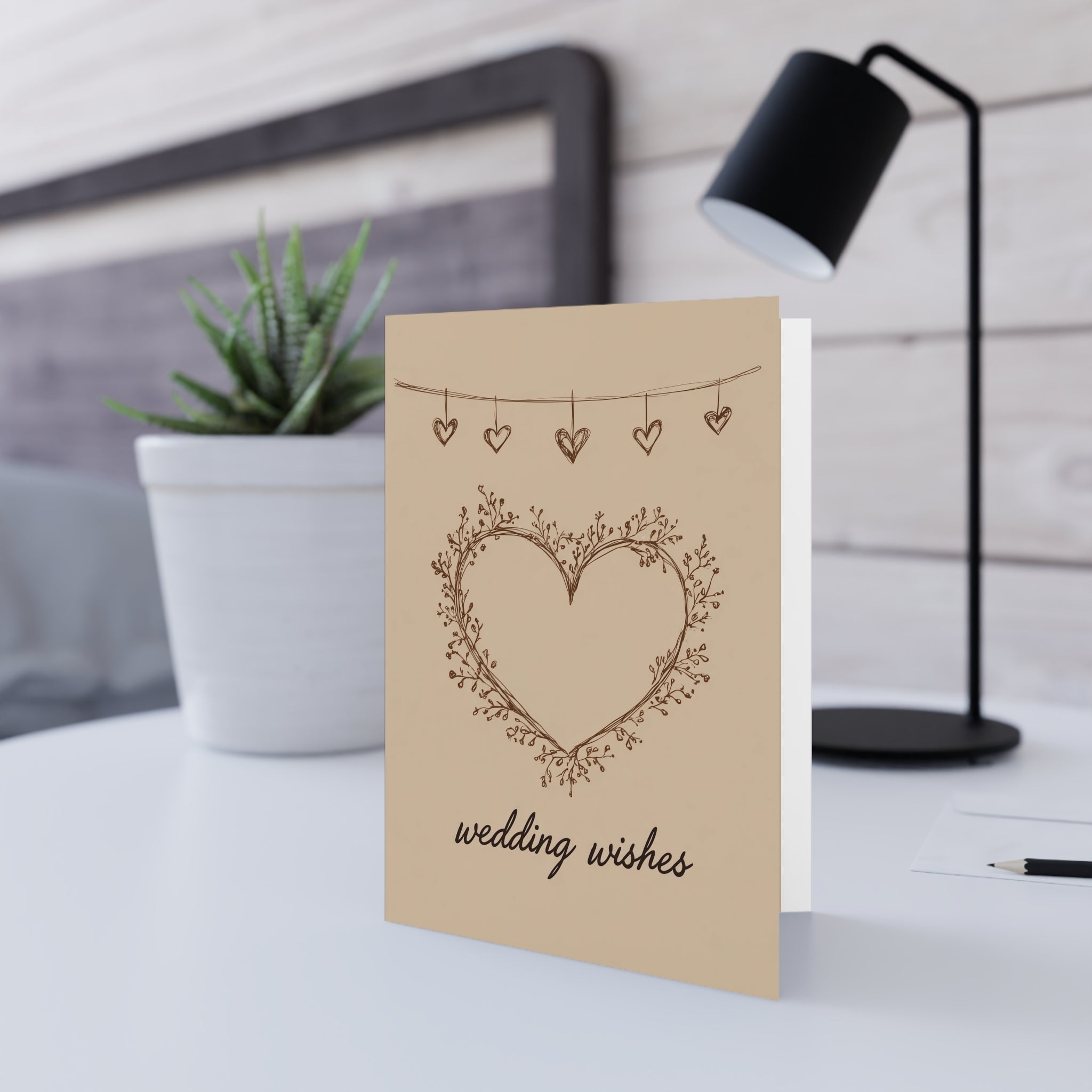 Wedding Wishes Greeting Card - Rustic Heart & Hanging Hearts Bridal Card