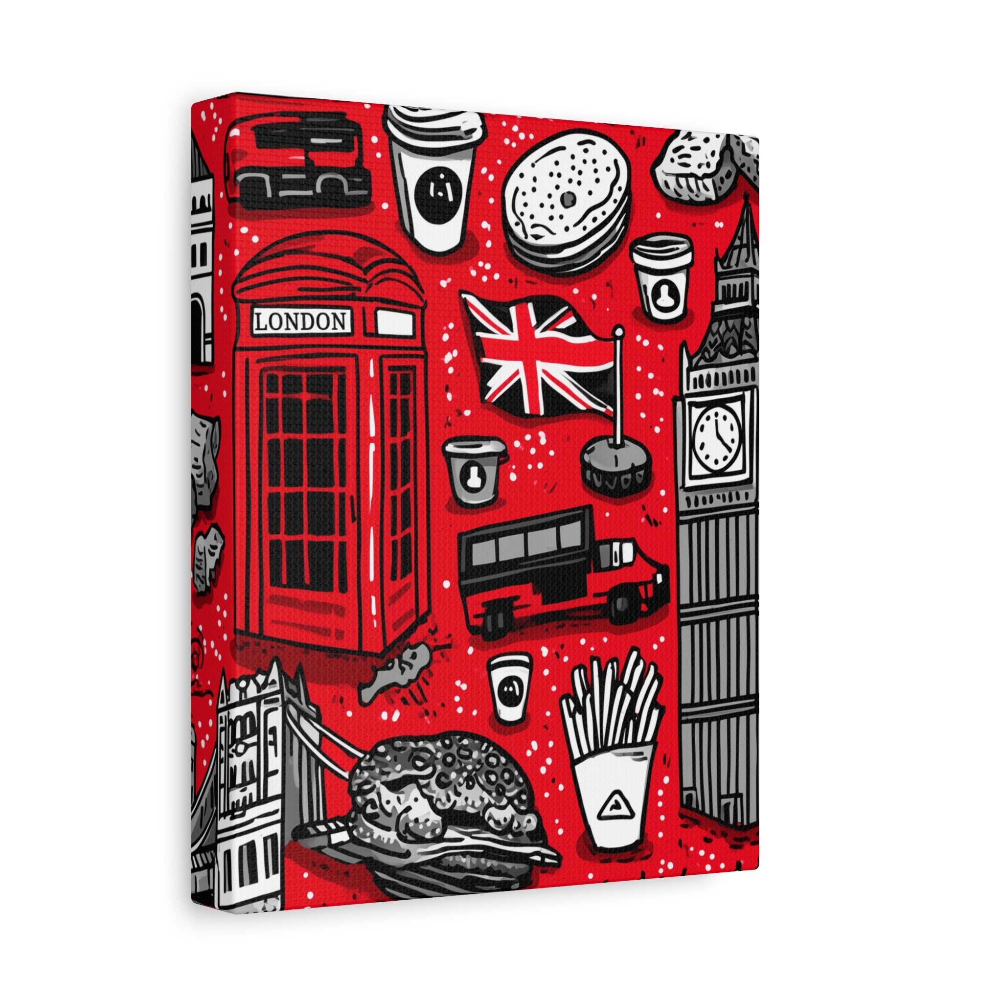 London-Themed Canvas Art, Wall Decor, Home Office Artwork, UK Travel Gift, British Culture Decor, Red and Black Design
