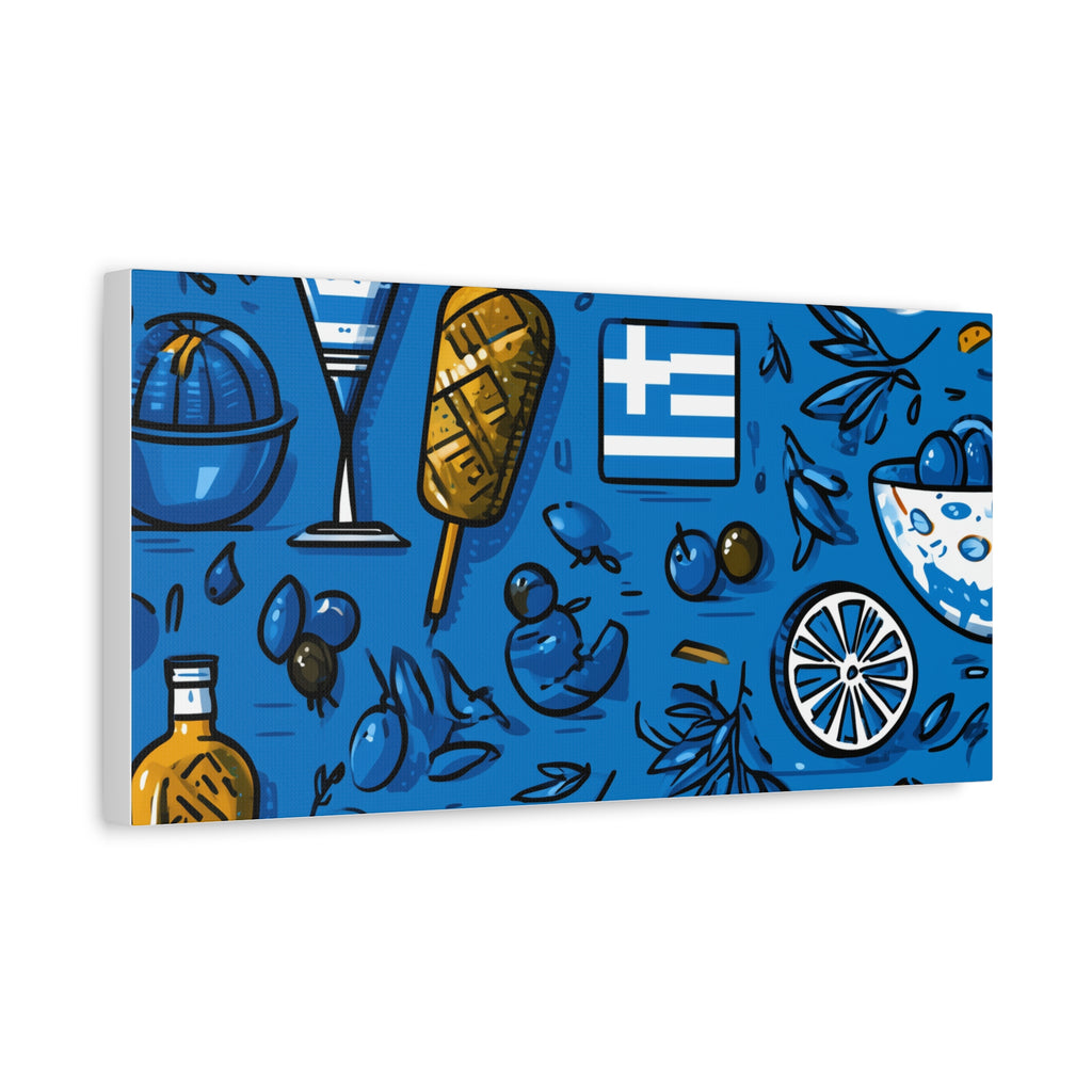 Vibrant Canvas Wall Art, Blue Mediterranean Theme, Kitchen Decor, Greek Party Decor, Olive and Drink Motif