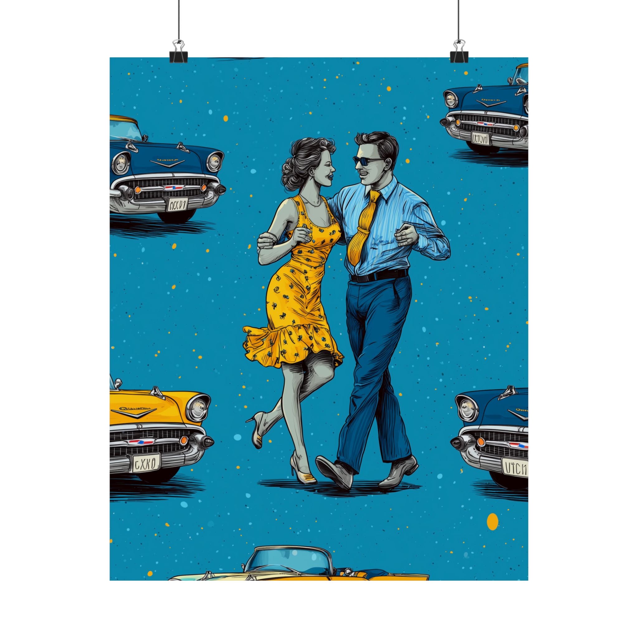 Retro Cuba Cuban Salsa Dance Poster, Vintage Wall Art, 1950s Decor, Blue Car Art, Nostalgic Home Decoration