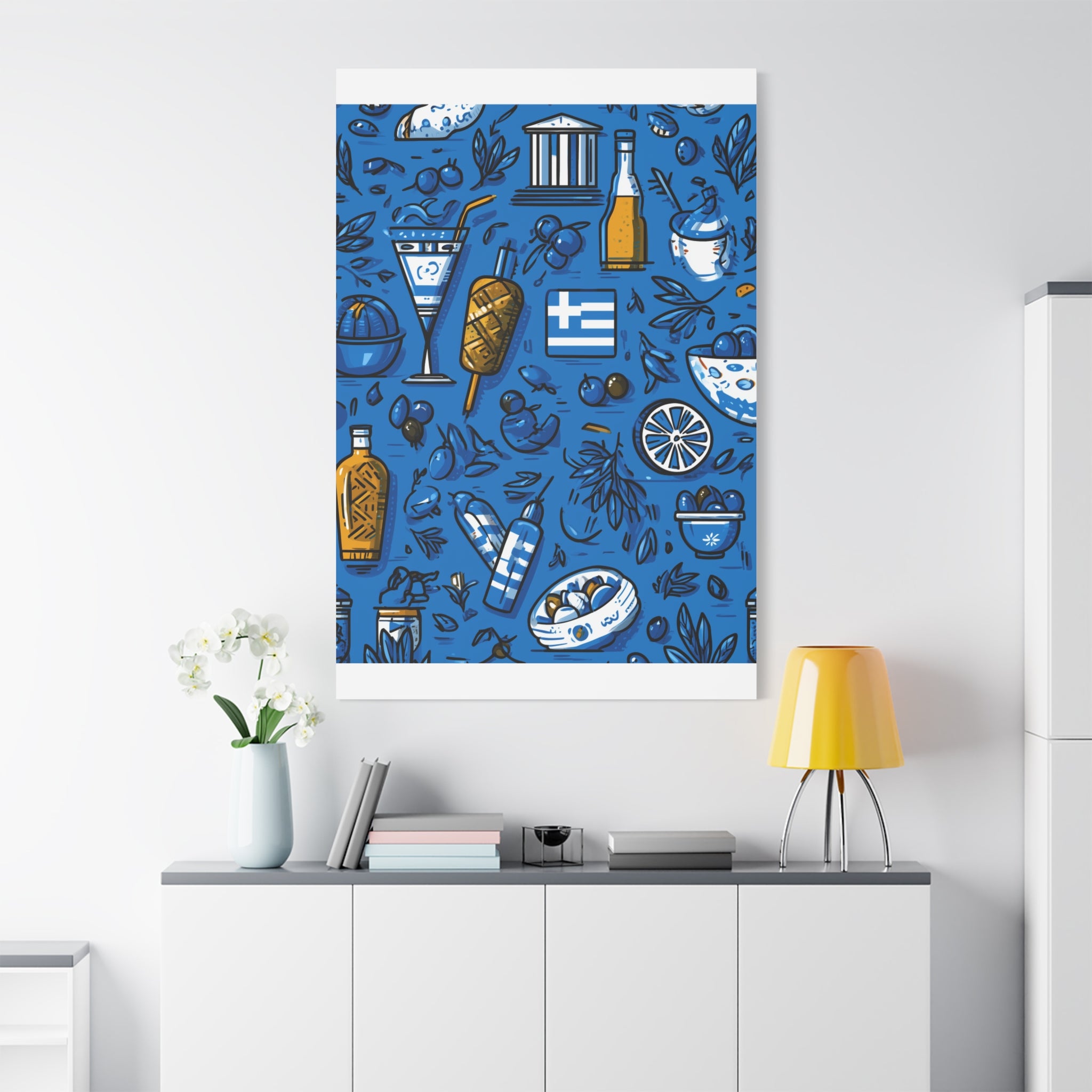Vibrant Canvas Wall Art, Blue Mediterranean Theme, Kitchen Decor, Greek Party Decor, Olive and Drink Motif