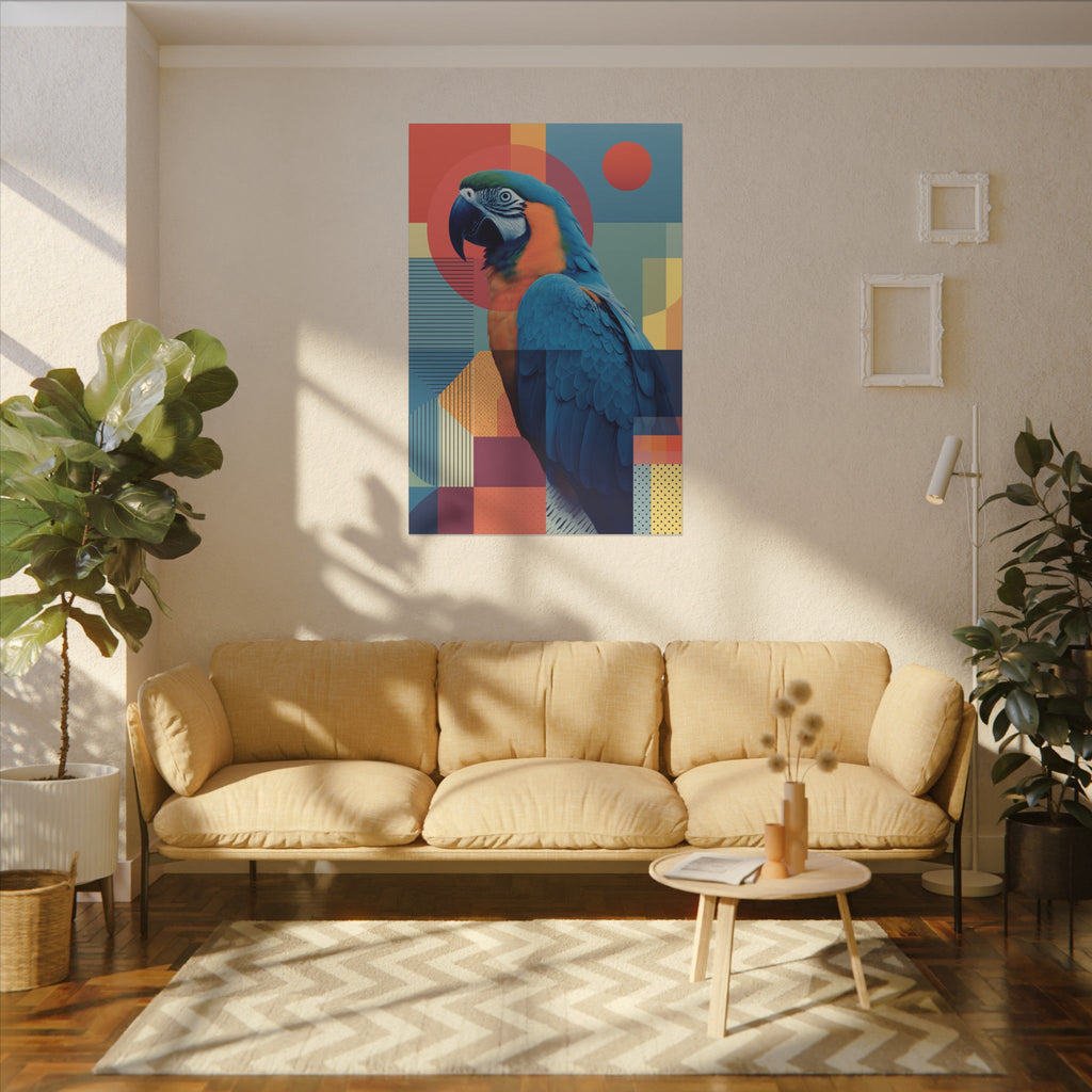 Macaw Mosaic: Mid-Century Modern Bird Portrait, Geometric Abstract Design   |    Custom Orders Available