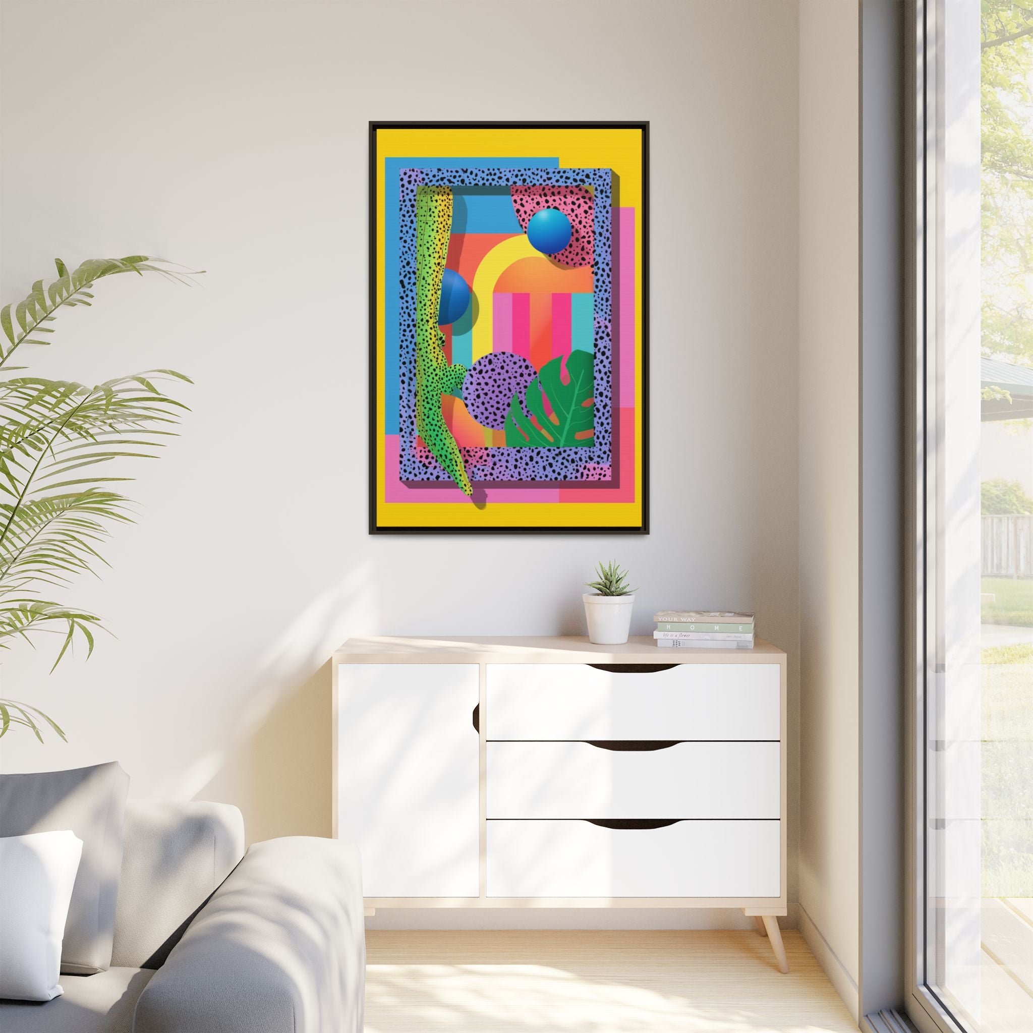 Geometric Rhythms: Abstract Layers of Color, Dimensional Shapes and Tropical Elements, Vibrant Modern Art Composition   |   Custom Orders