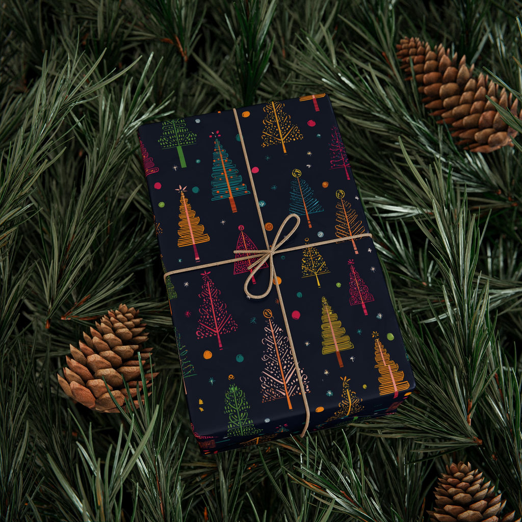 Christmas Tree Wrapping Paper Roll – Dark Navy Holiday Gift Wrap with Colorful Trees