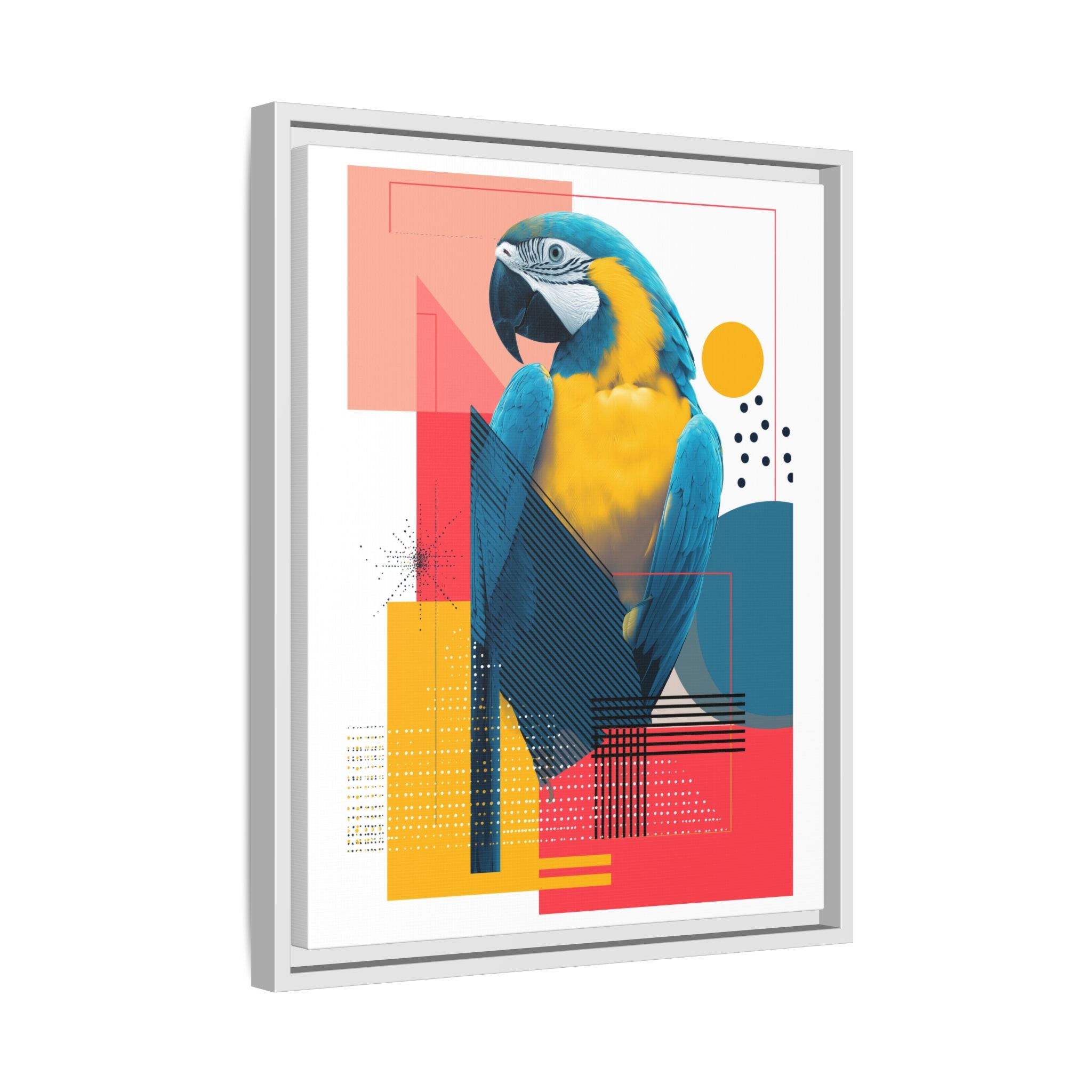 Prismatic Parrot Framed Print: Blue and Yellow Macaw in Geometric Space, Digital Art Composition   |  Personalized & Custom Orders Available