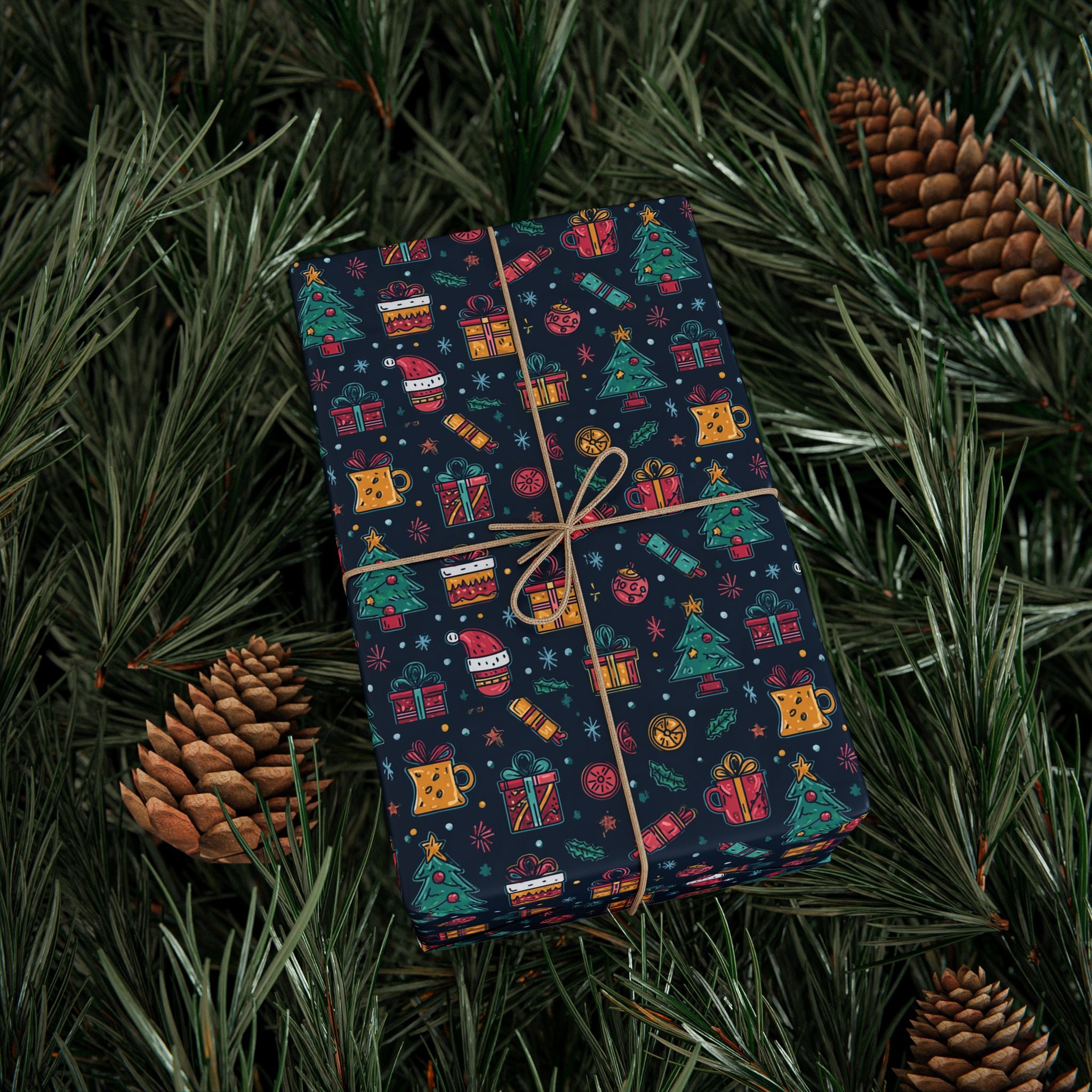 Holiday Gift Wrapping Paper Roll – Dark Christmas Icons Pattern (Trees, Presents, Stockings)