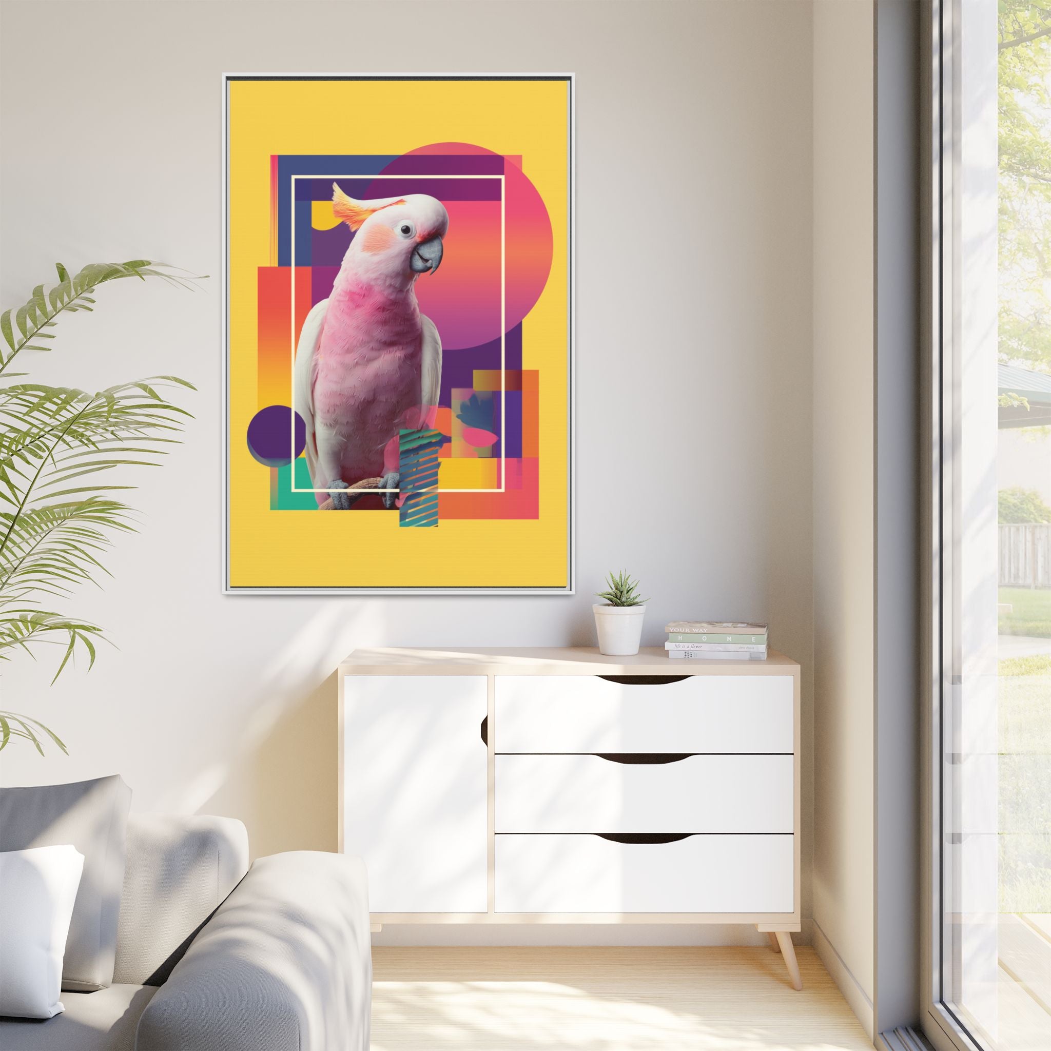 Framed Print, Cockatoo Abstract Geometric Wall Art, Matte Canvas, Colorful Bird Poster, Modern Home Decor, Tropical Animal Painting, Unique