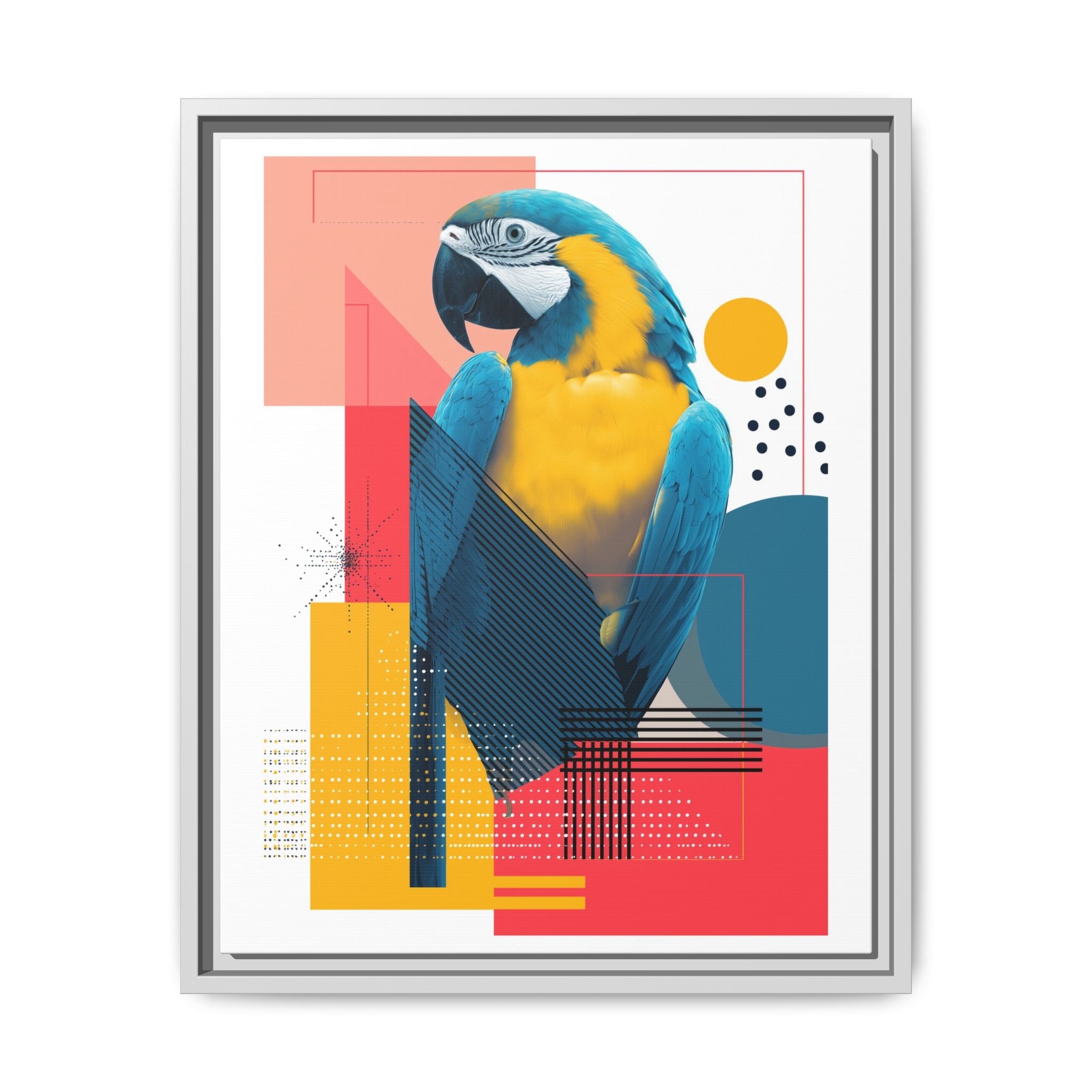Prismatic Parrot Framed Print: Blue and Yellow Macaw in Geometric Space, Digital Art Composition   |  Personalized & Custom Orders Available