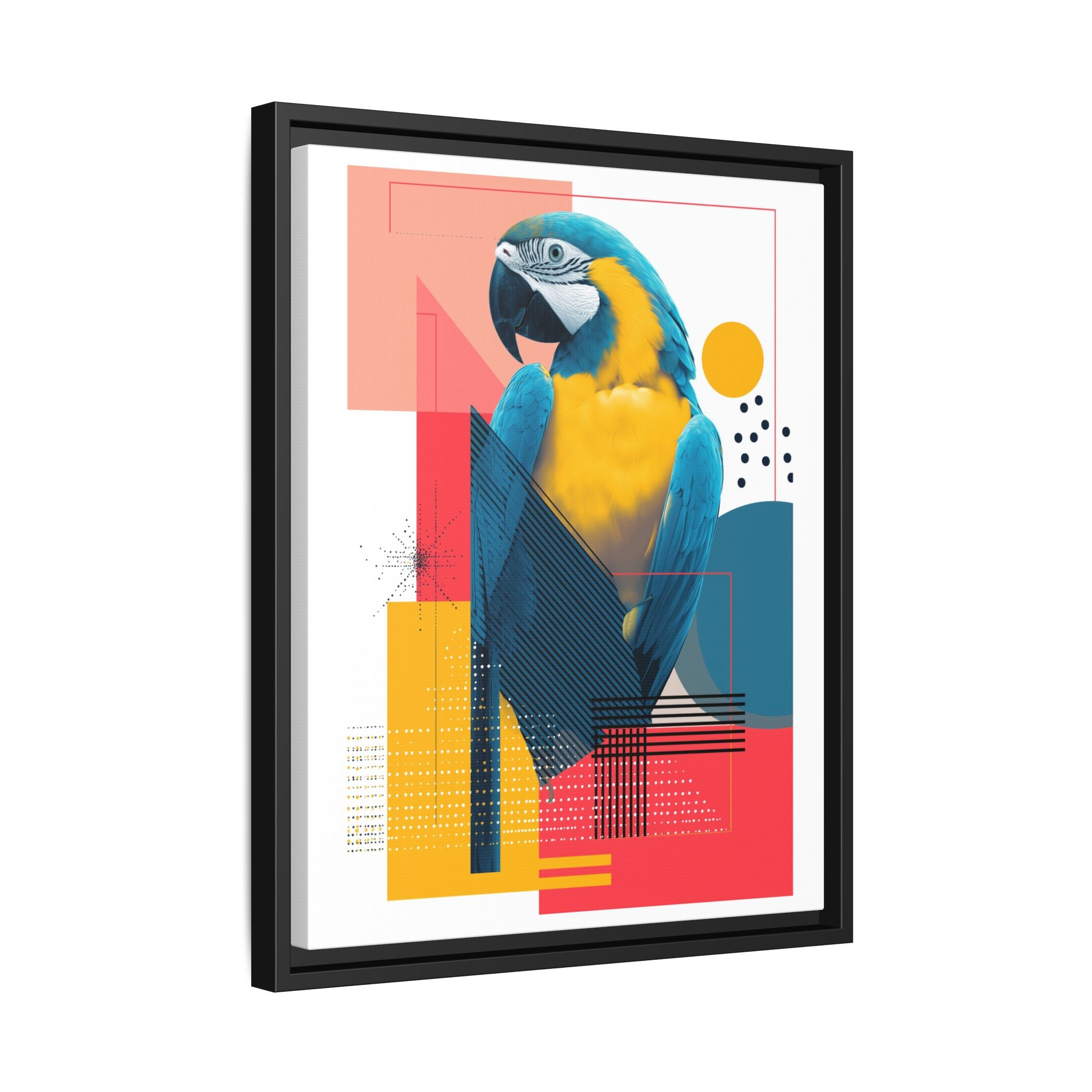 Prismatic Parrot Framed Print: Blue and Yellow Macaw in Geometric Space, Digital Art Composition   |  Personalized & Custom Orders Available